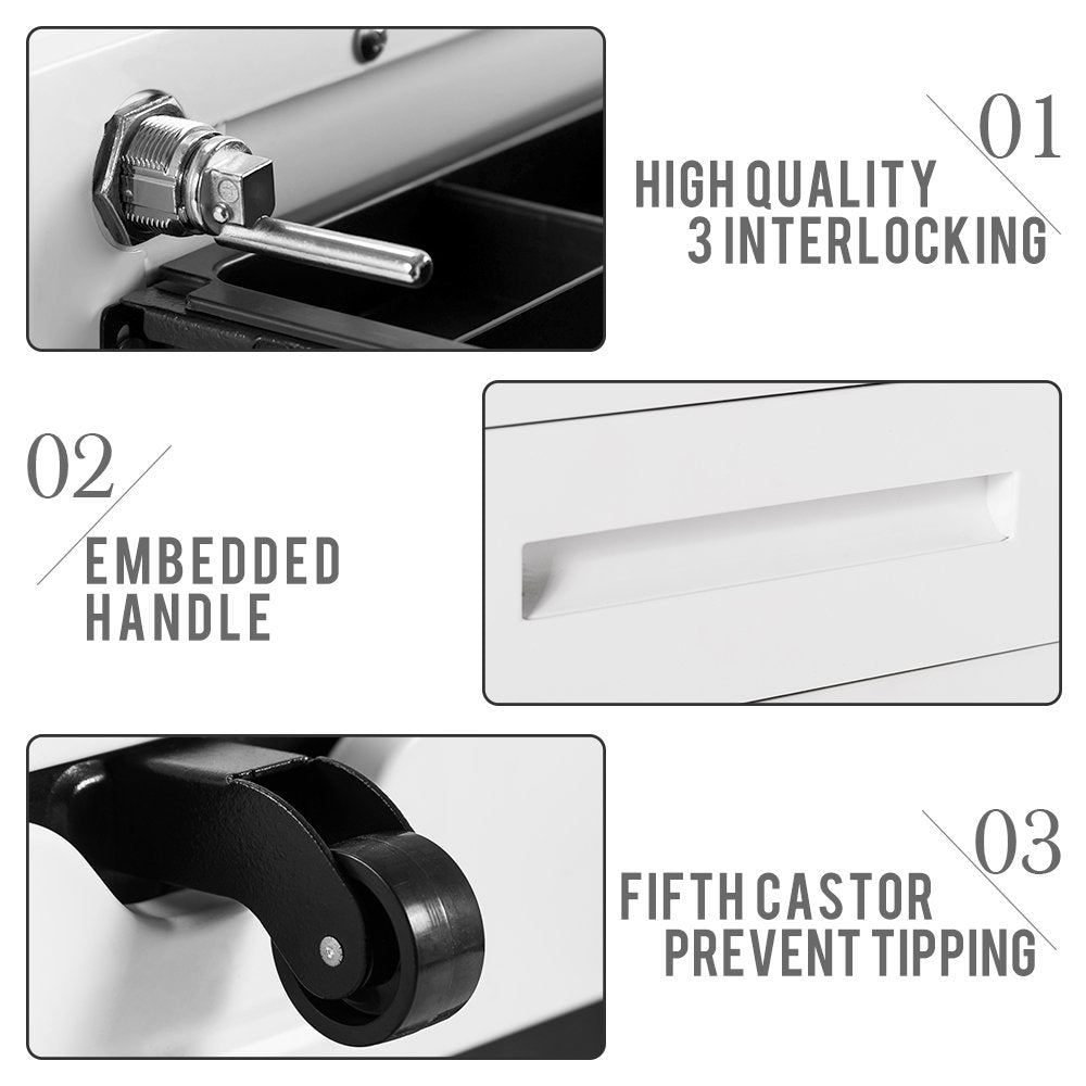 3 Drawer File Cabinet Filing Pedestal Metal Solid Mobile with Keys, Fully Assembled Except Casters (White)