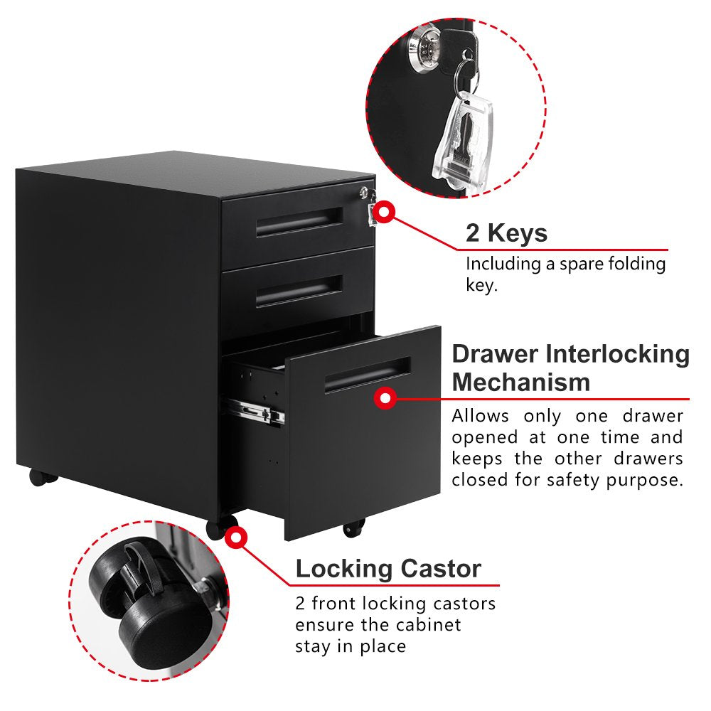 3 Drawer Steel Metal Filing Cabinet with Embedded Handle and Lock (Black)