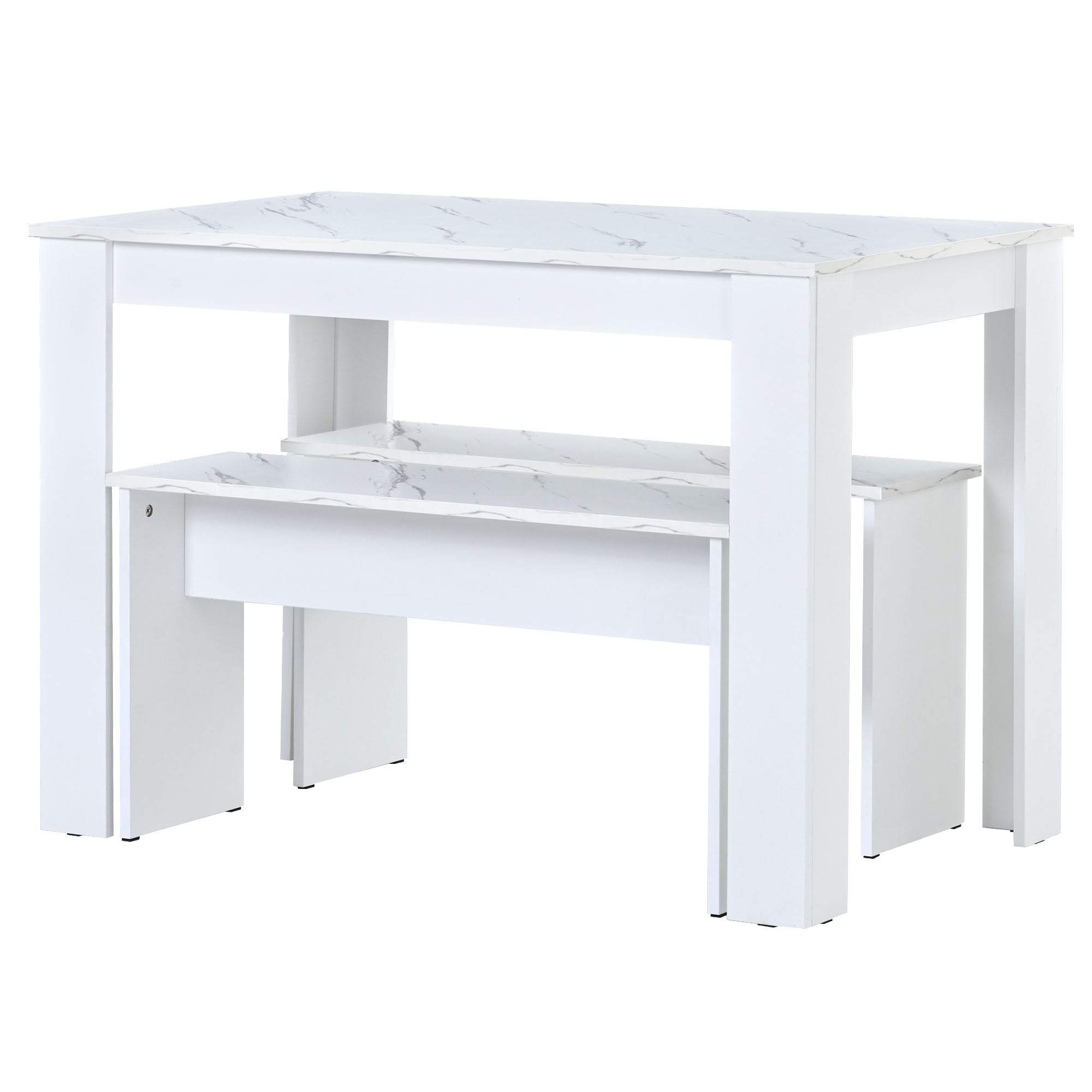Dining Table with 2 benches Dining Table Set for Kitchen, Dining Room, Small Space, Artificial Marble White