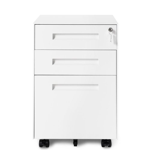 3 Drawer File Cabinet Filing Pedestal Metal Solid Mobile with Keys, Fully Assembled Except Casters (White)