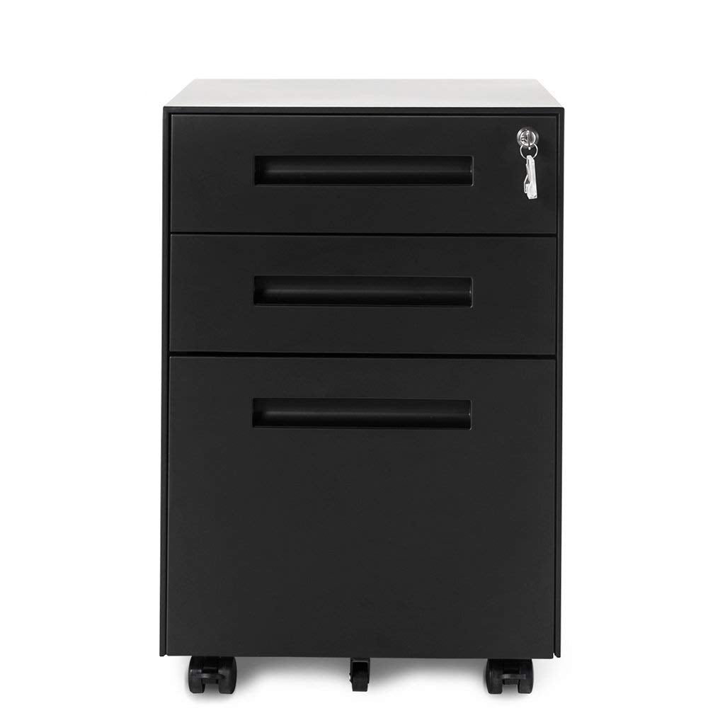 3 Drawer Steel Metal Filing Cabinet with Embedded Handle and Lock (Black)