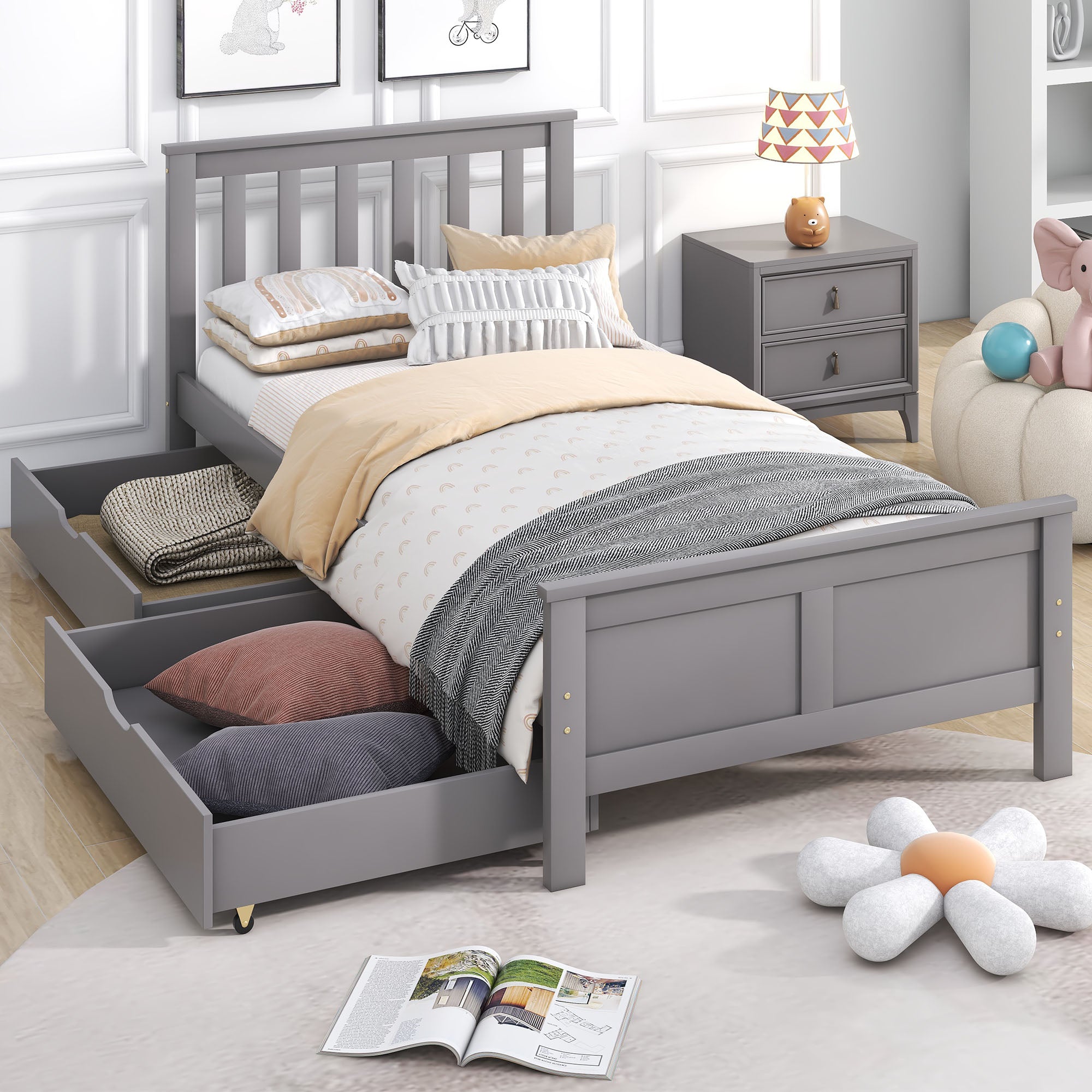 (Mattress not included) Wooden Solid Gray Pine Storage Bed with Drawers Bed Furniture Frame for Adults, Kids, Teenagers 3ft Single (Gray 190x90cm)
