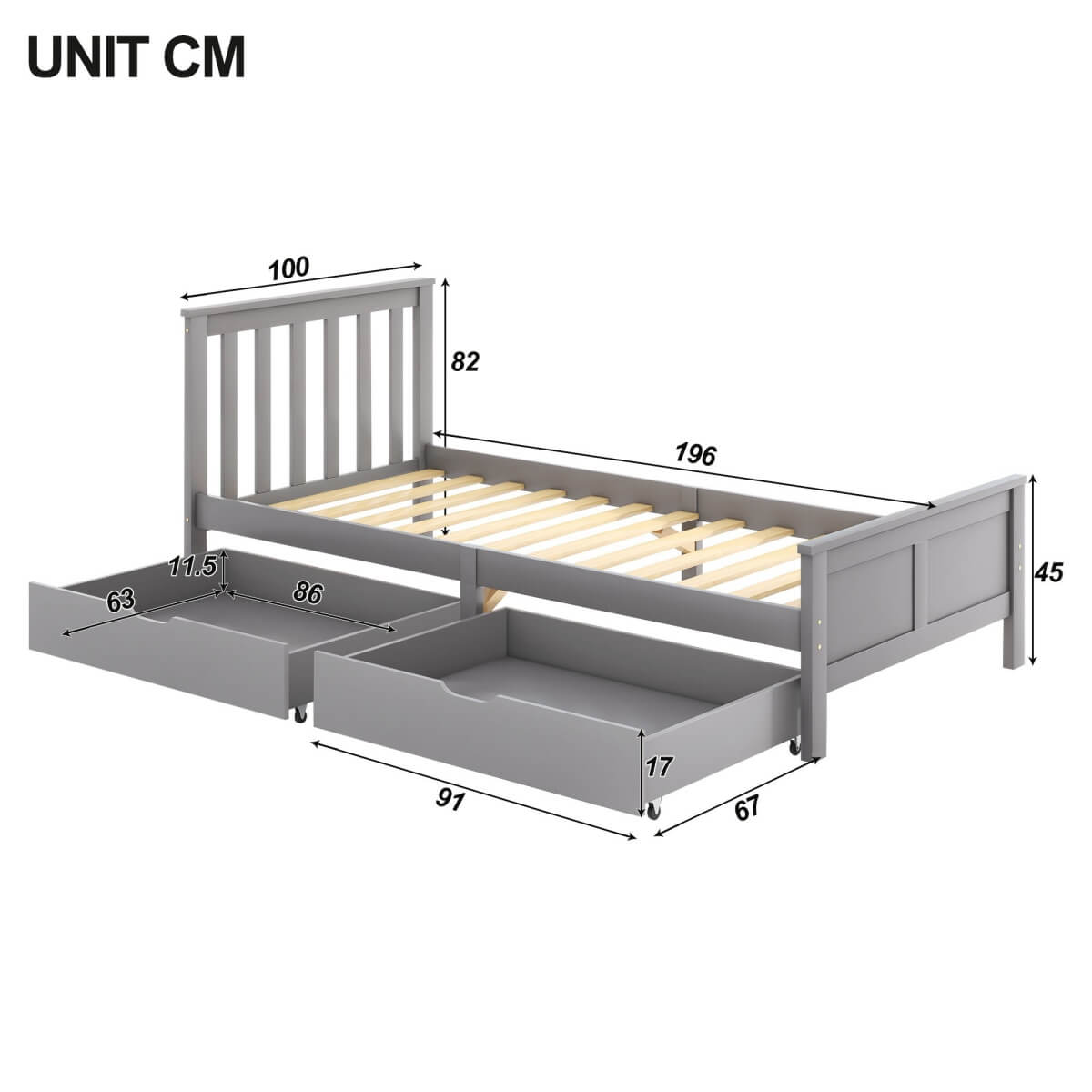 3ft Single Solid Pine Storage Bed Frame with Drawers - Wooden Bed, Grey