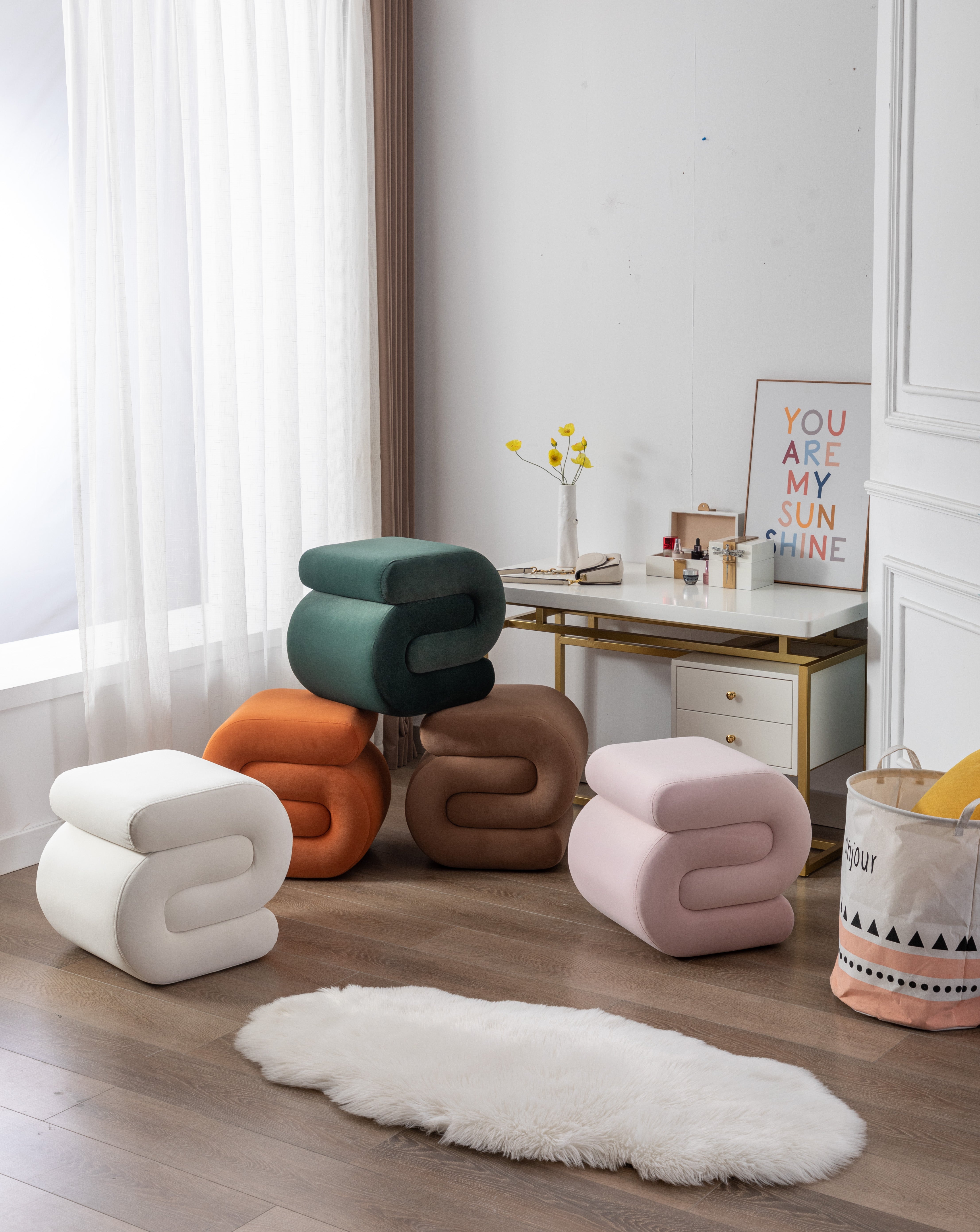 Velvet Ottoman S-shape stool, Wavy Pouf, Ivory White Fabric