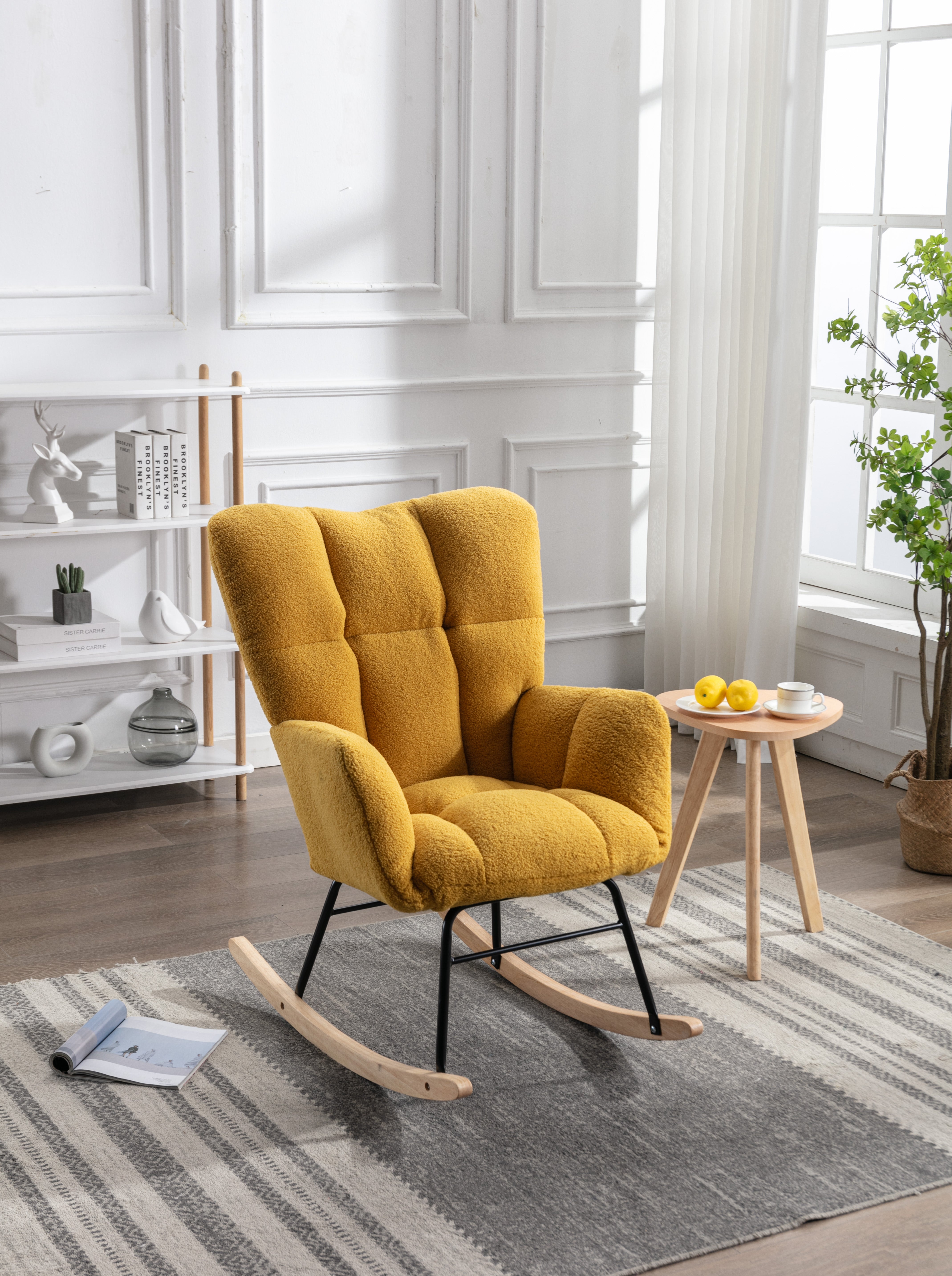 Mid Century Modern Rocking Chair, Teddy Fabric Tufted Upholstered, Padded Seat for Living Room Bedroom, Yellow