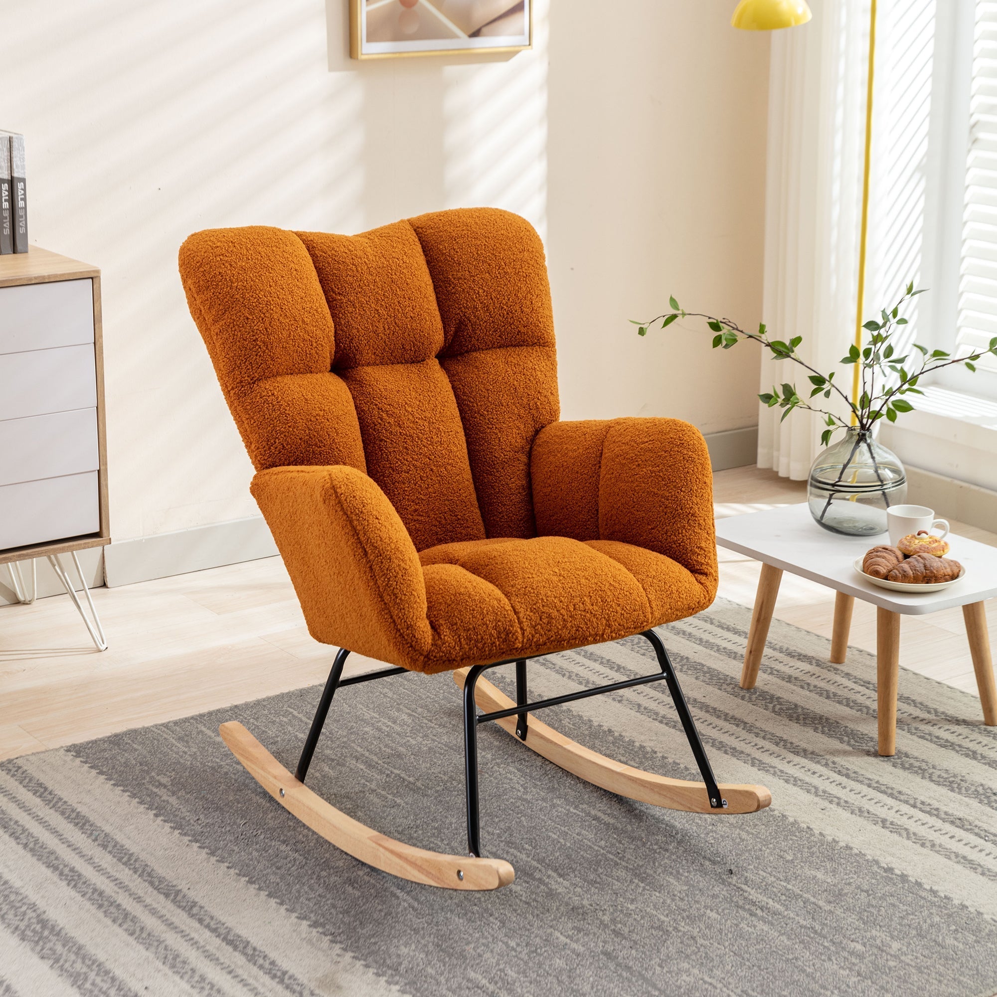 Mid Century Modern Rocking Chair with Tufted Teddy Fabric Upholstery, Caramel