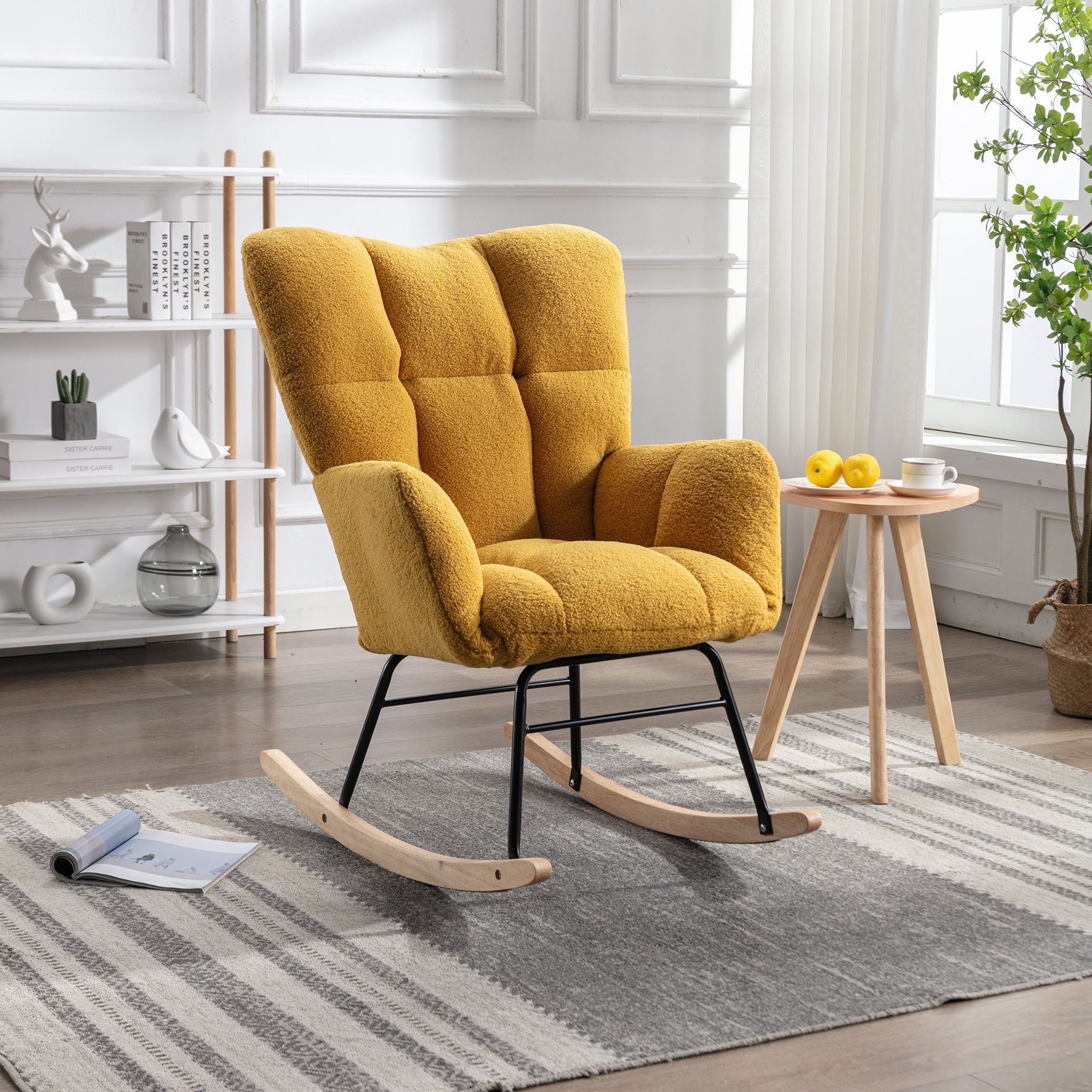 Mid Century Modern Rocking Chair, Teddy Fabric Tufted Upholstered, Padded Seat for Living Room Bedroom, Yellow