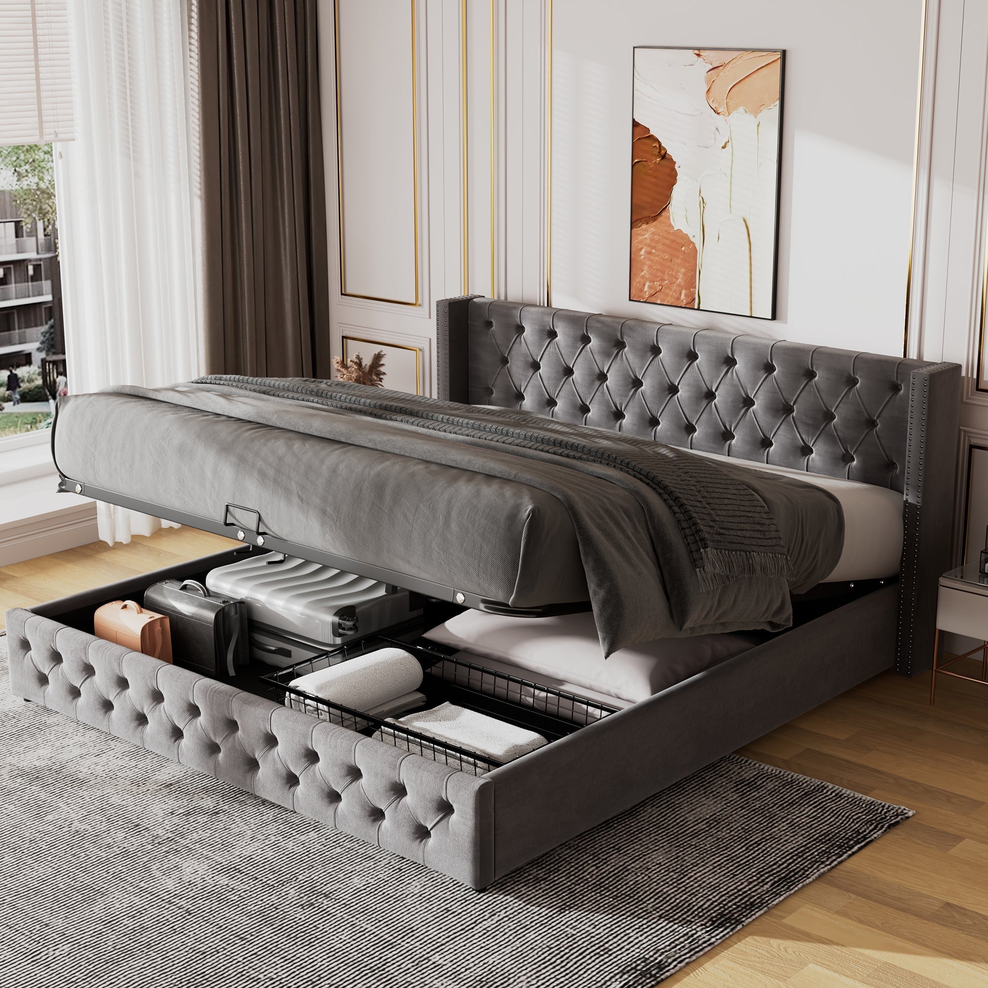 Upholstered Bed, Hydraulic Lift, Storage, 150x200 cm, Grey Velvet
