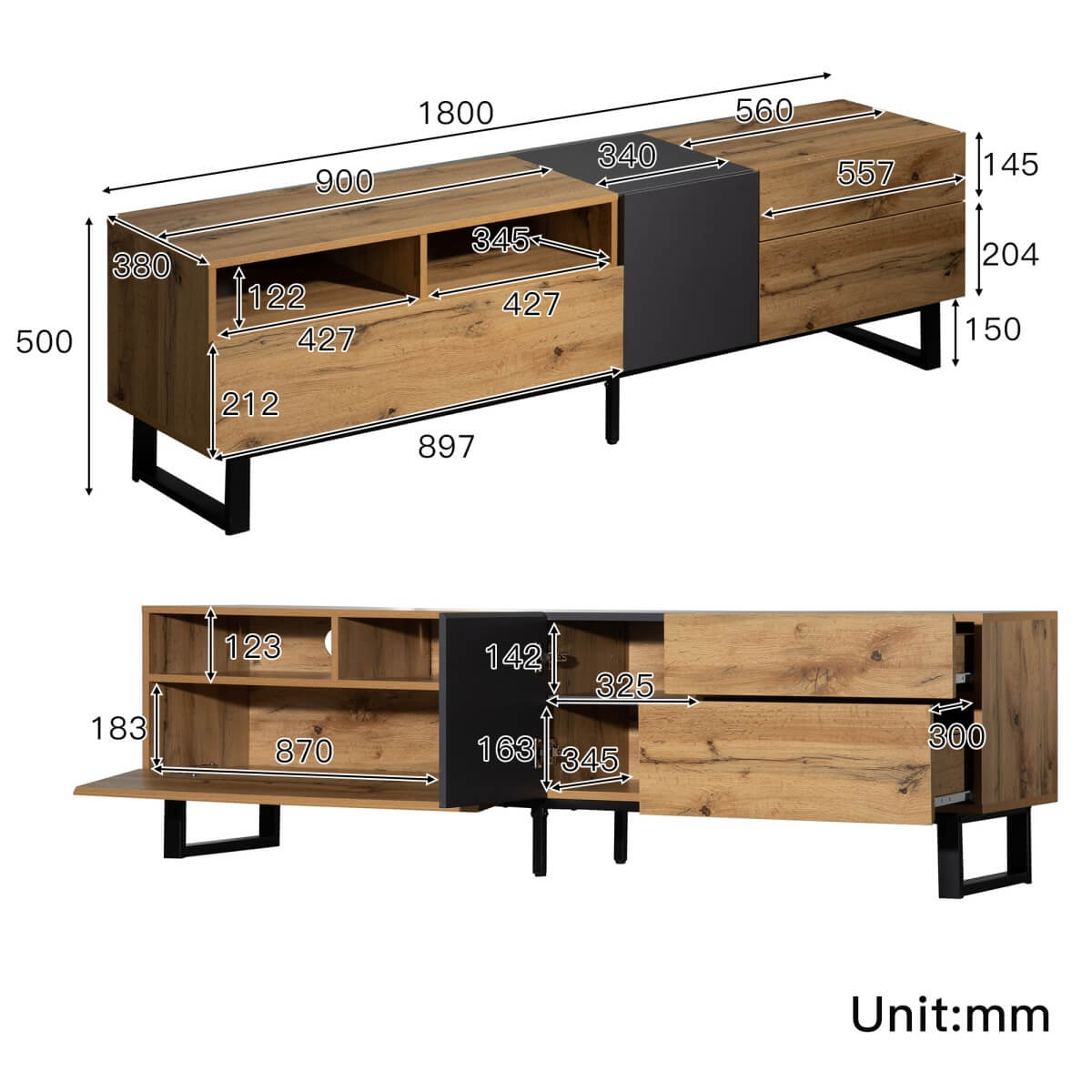 Modern TV Cabinet – 180cm Wood Grain TV Stand for Living Room