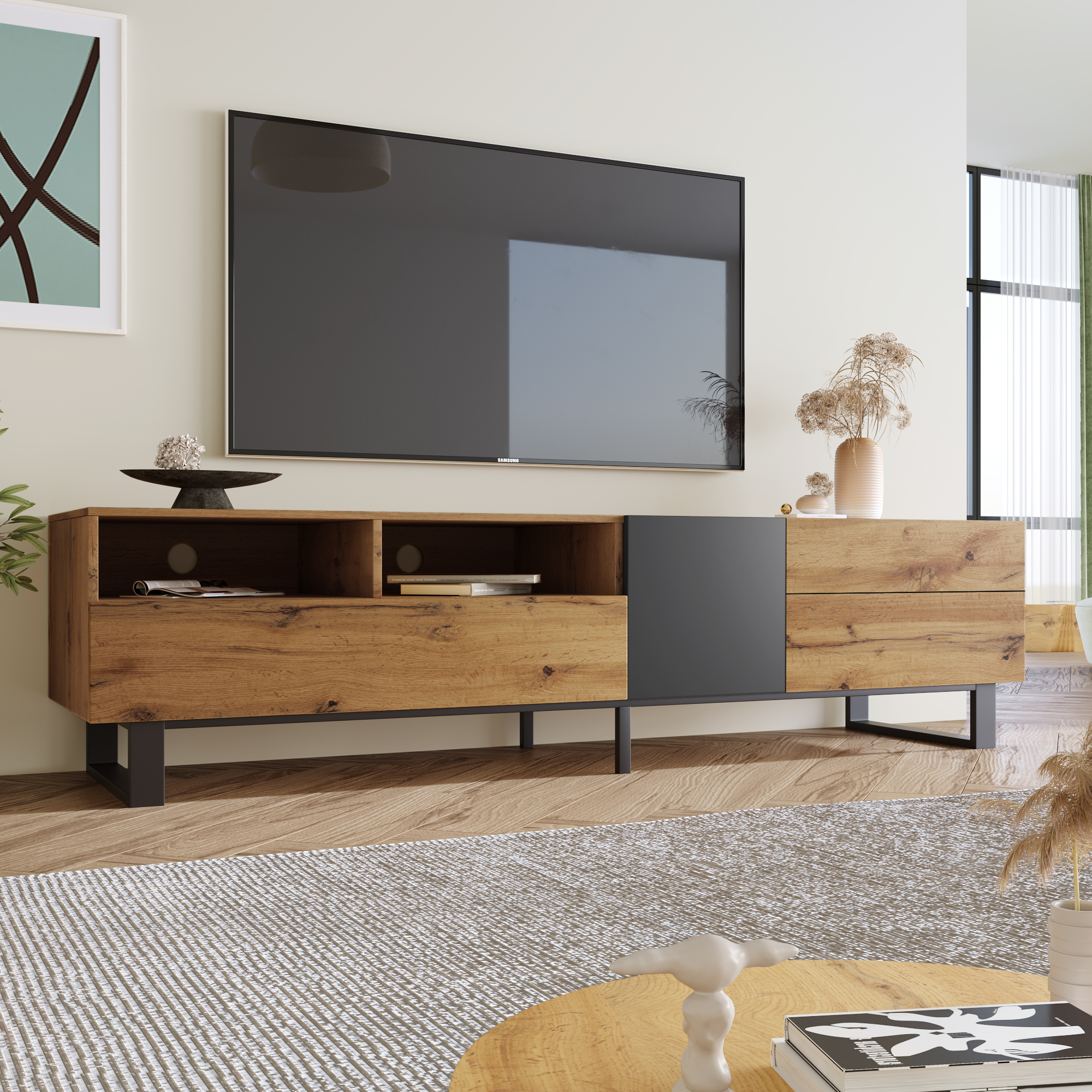 Modern Color TV Cabinet, 180cm TV Stand with Wood Grain Finish