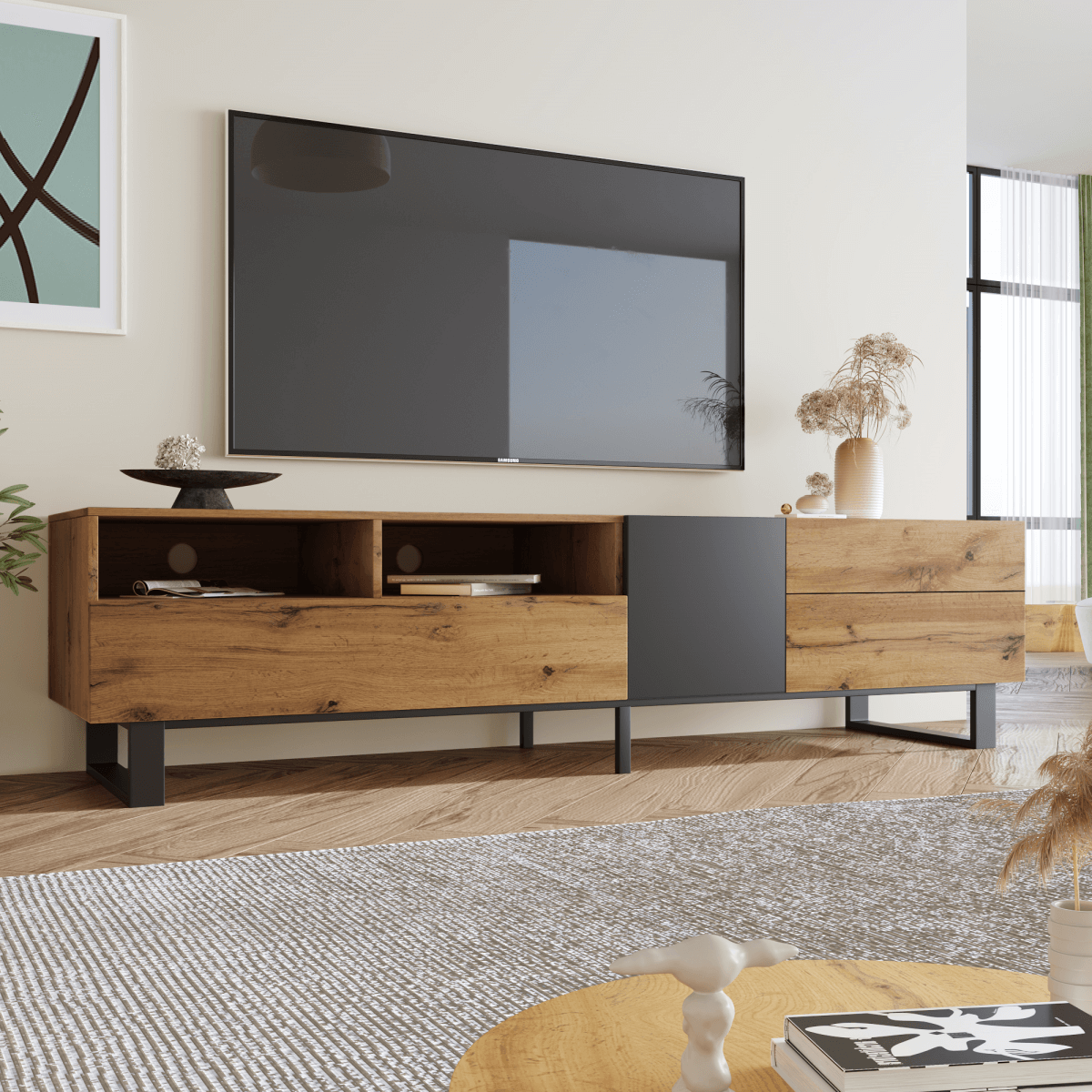 Modern TV Cabinet – 180cm Wood Grain TV Stand for Living Room