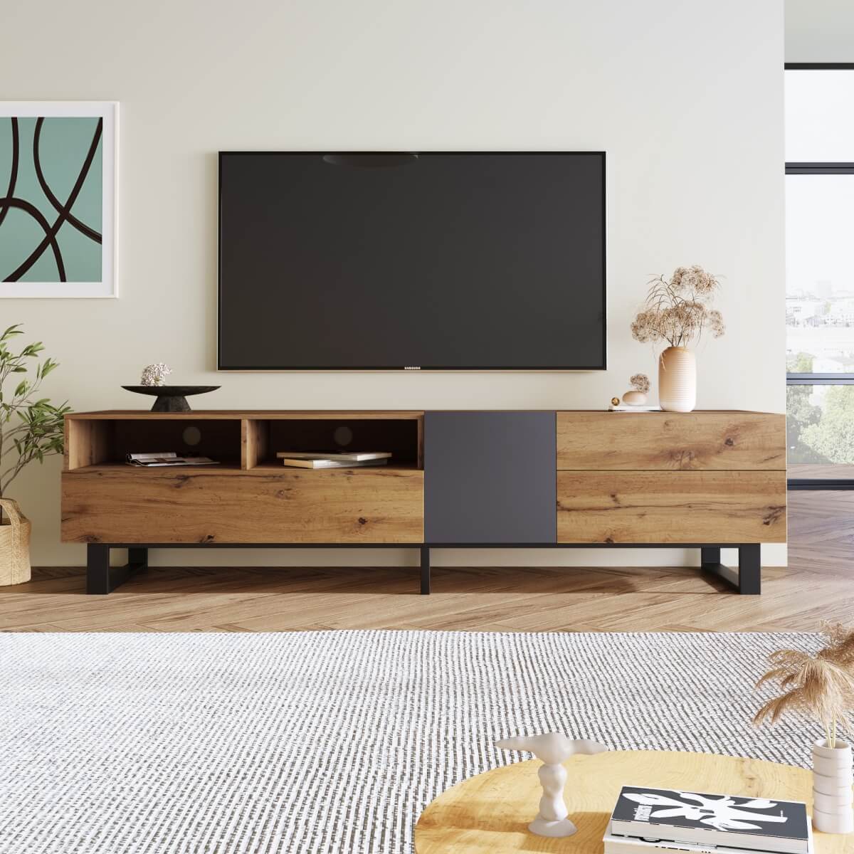 Modern TV Cabinet – 180cm Wood Grain TV Stand for Living Room