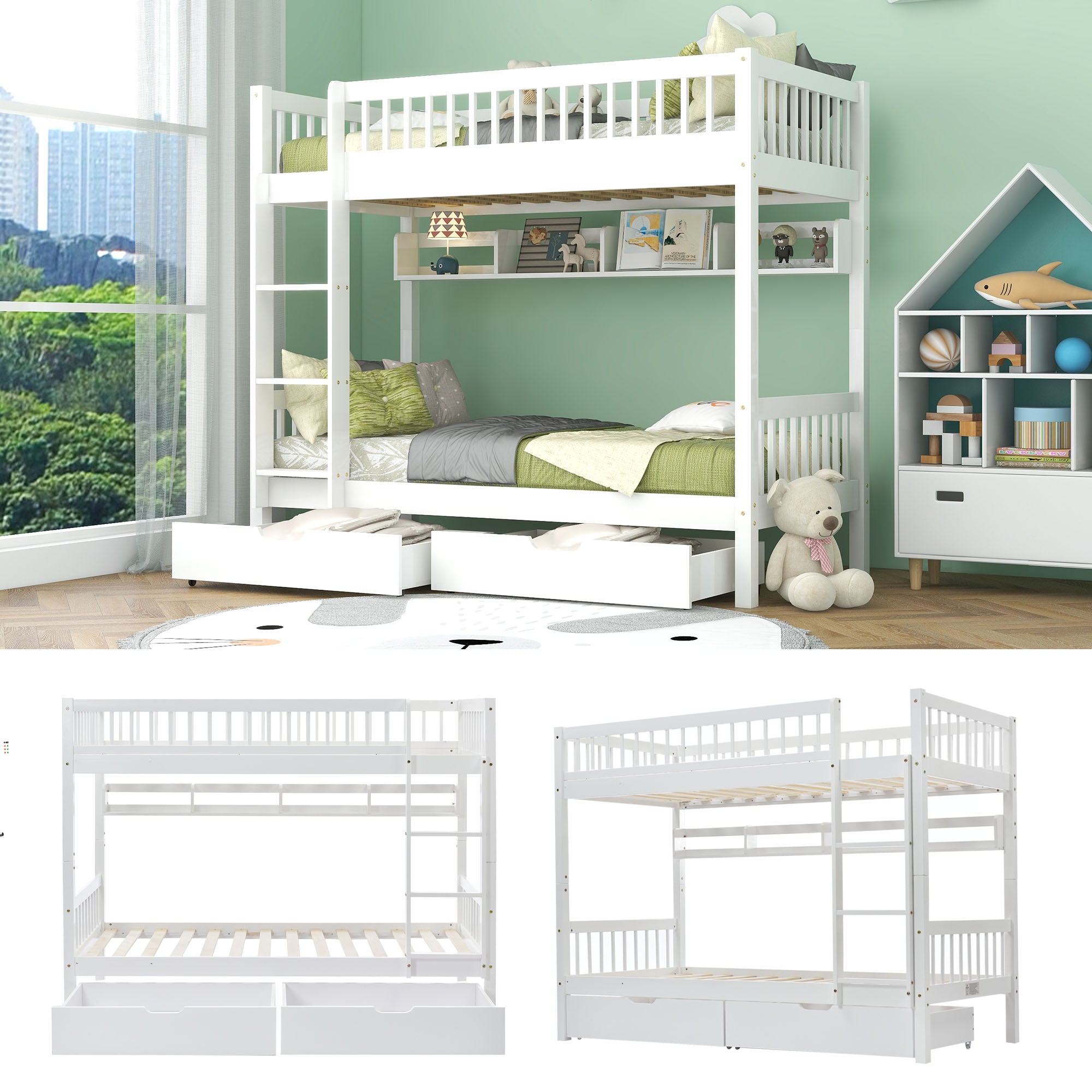 Bunk Bed, Kids Children, 3FT Solid Pine Wood Single Bed Frame, with Shelf & Slide Drawer Storage, White