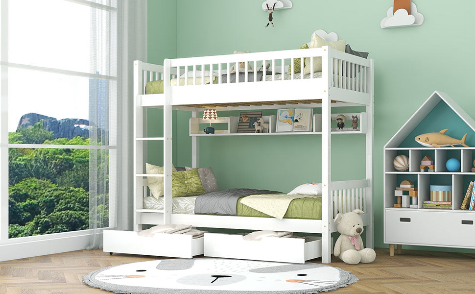 Bunk Bed, Kids Children, 3FT Solid Pine Wood Single Bed Frame, with Shelf & Slide Drawer Storage, White