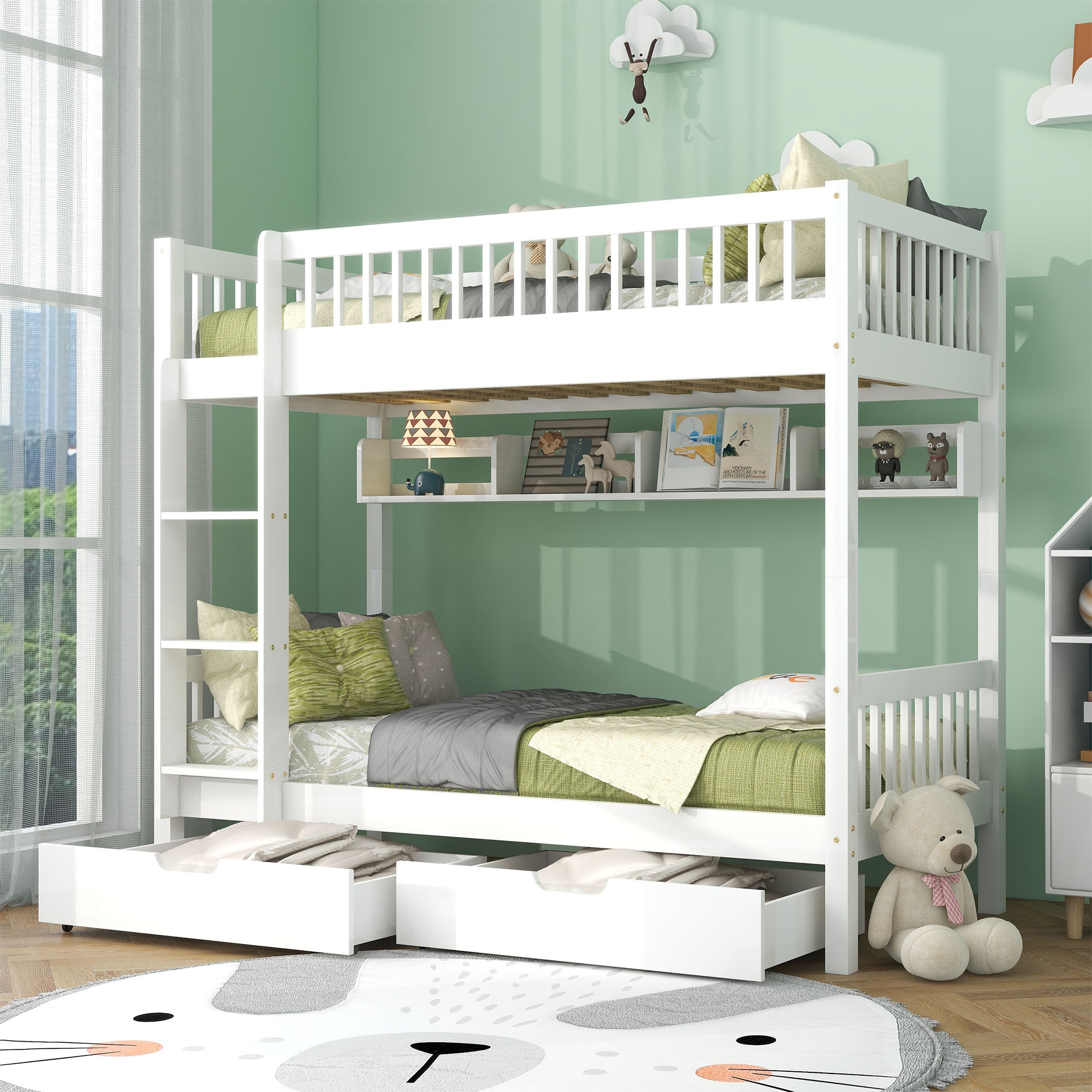 Bunk Bed, Kids Children, 3FT Solid Pine Wood Single Bed Frame, with Shelf & Slide Drawer Storage, White