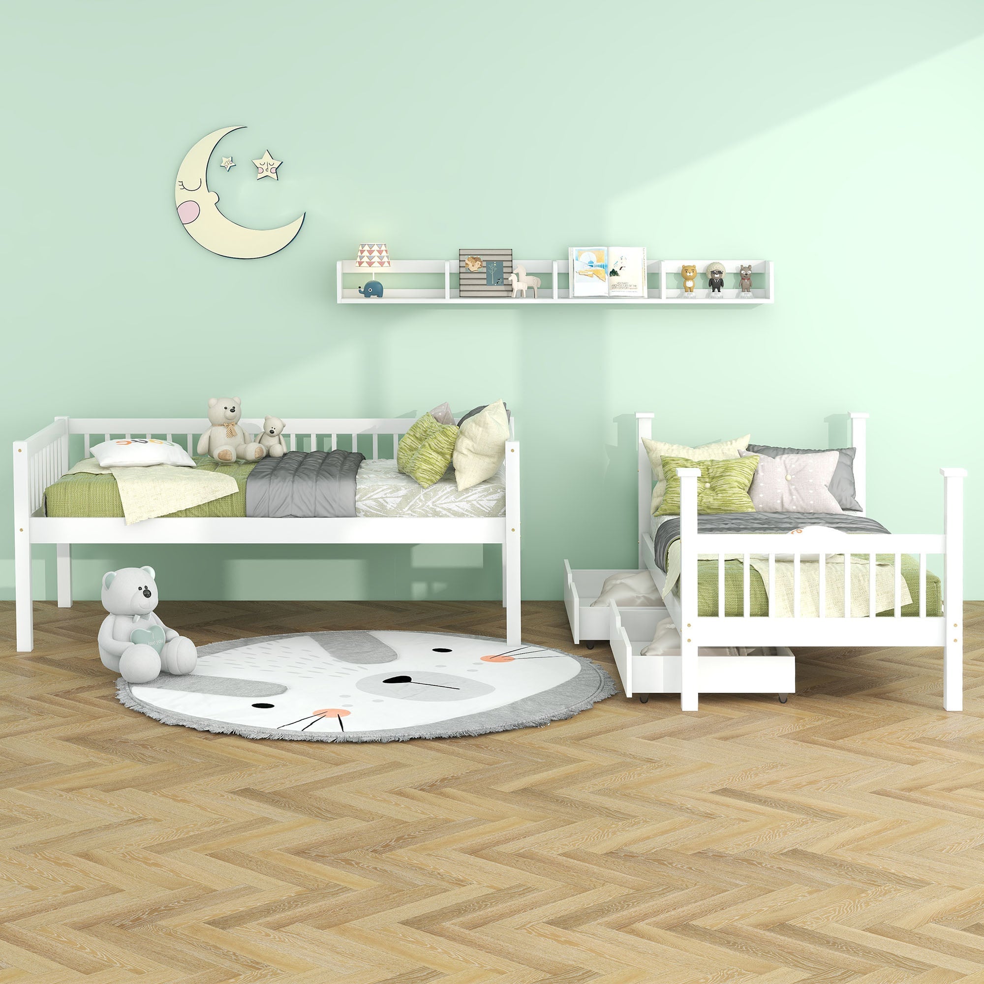 Bunk Bed, Kids Children, 3FT Solid Pine Wood Single Bed Frame, with Shelf & Slide Drawer Storage, White