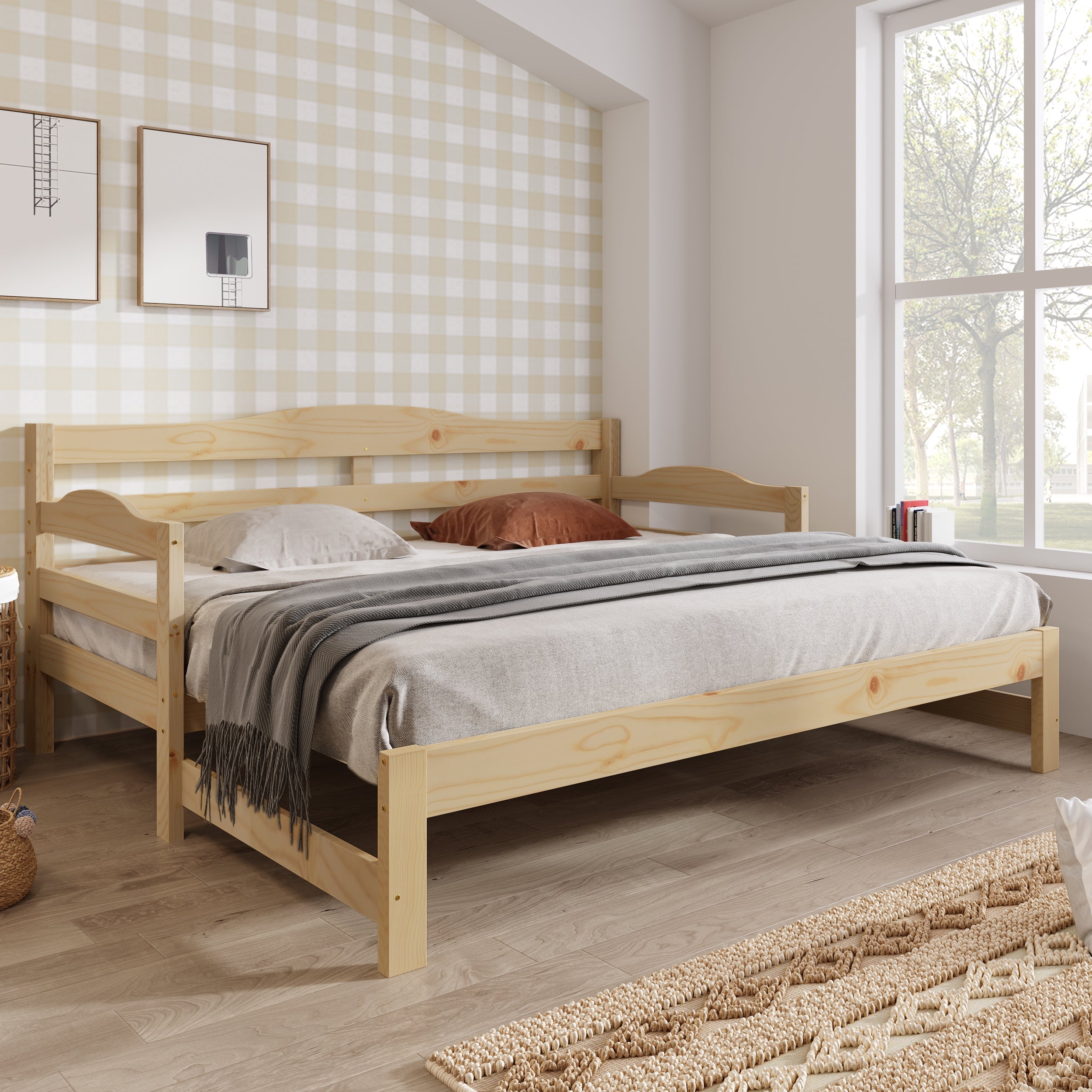 Daybed Cabin Bed Single Guest Bed Sofa Bed with Pull-out Trundle for Living Room and Bedroom, 90x190cm - Natural