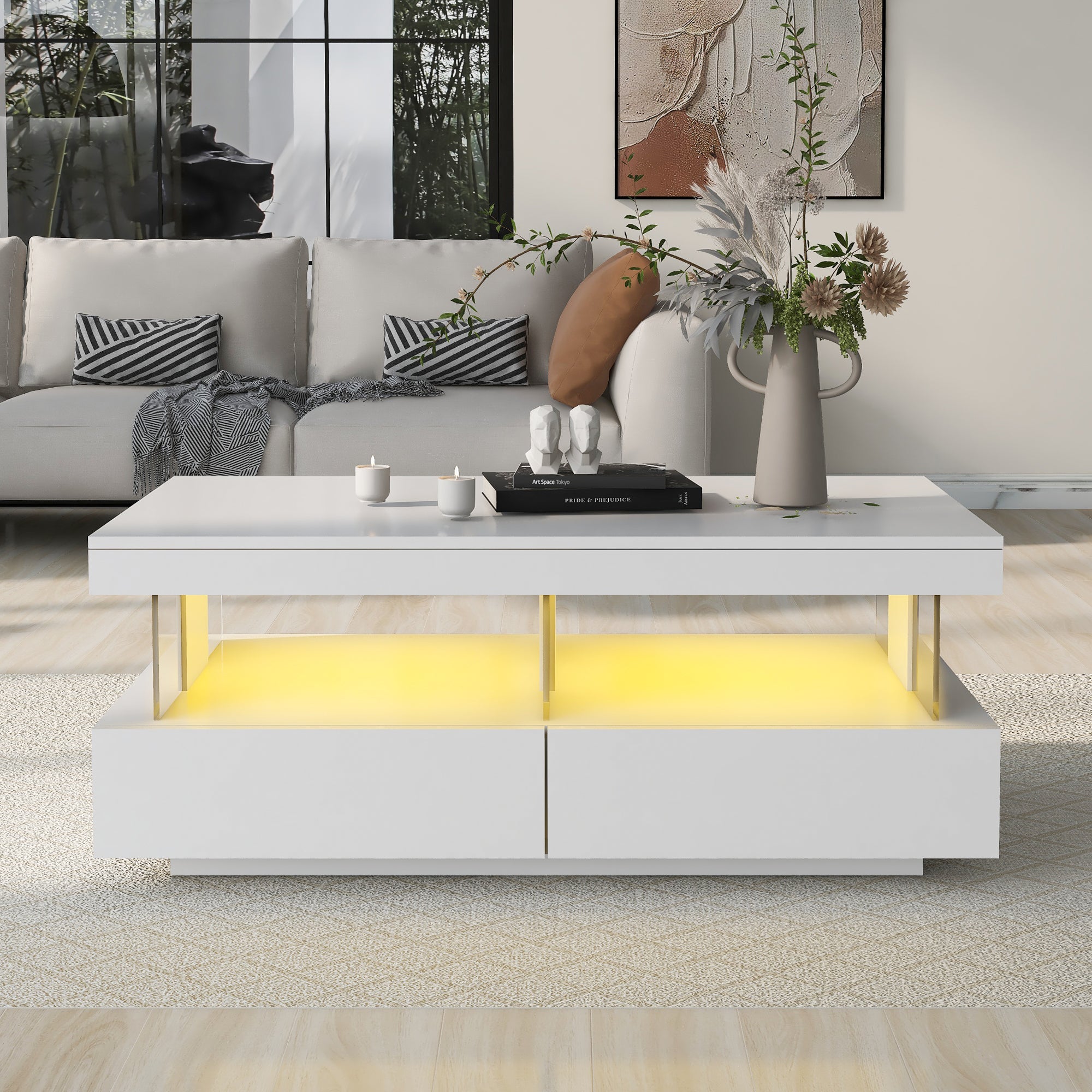 Coffee Table for Living Room, High Gloss with 16-Color LED Lights, 2 Drawers, Open Storage, White