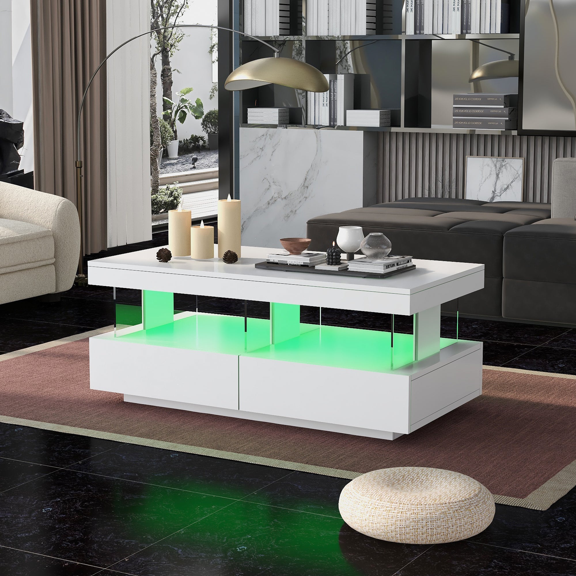 Coffee Table for Living Room, High Gloss with 16-Color LED Lights, 2 Drawers, Open Storage, White