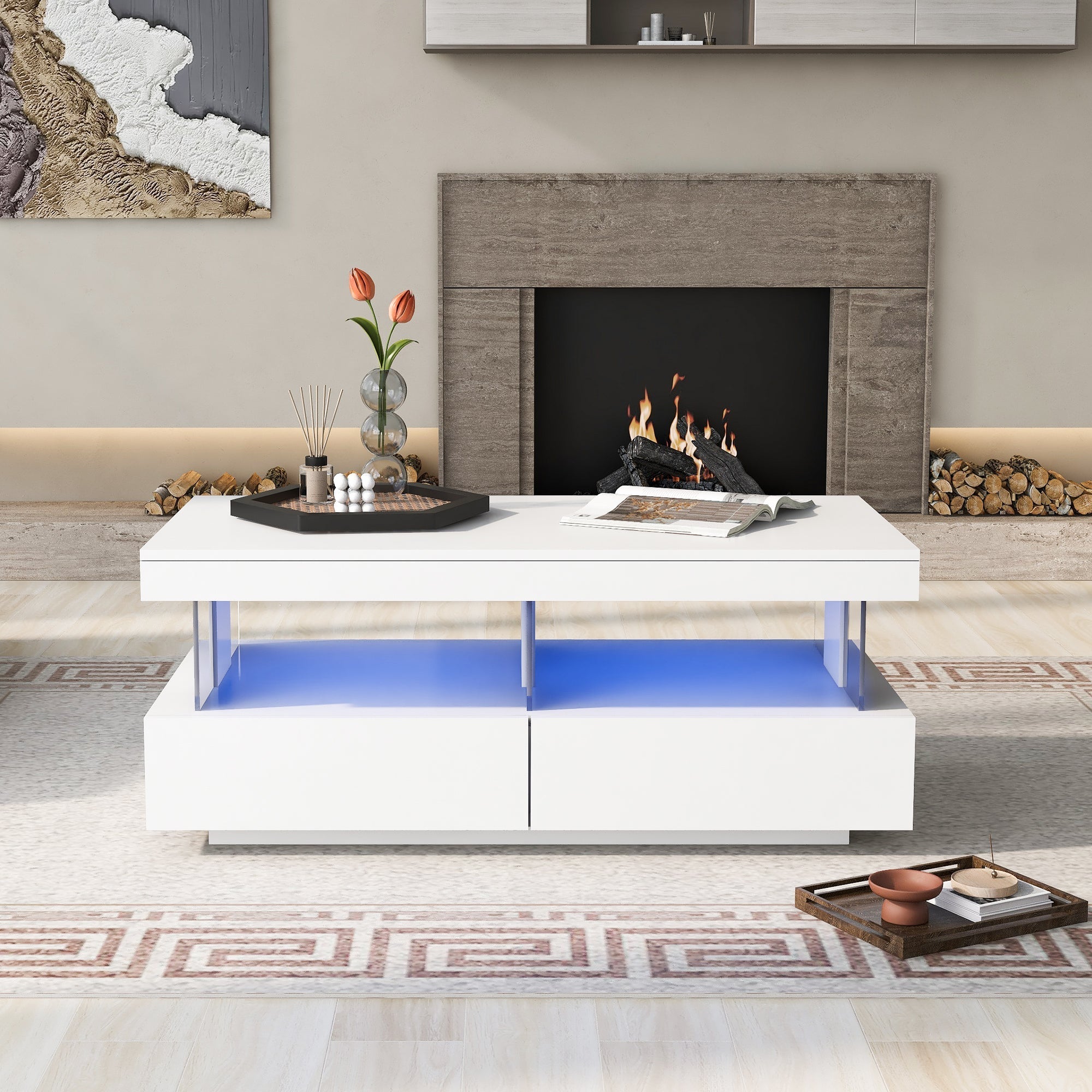 Coffee Table for Living Room, High Gloss with 16-Color LED Lights, 2 Drawers, Open Storage, White