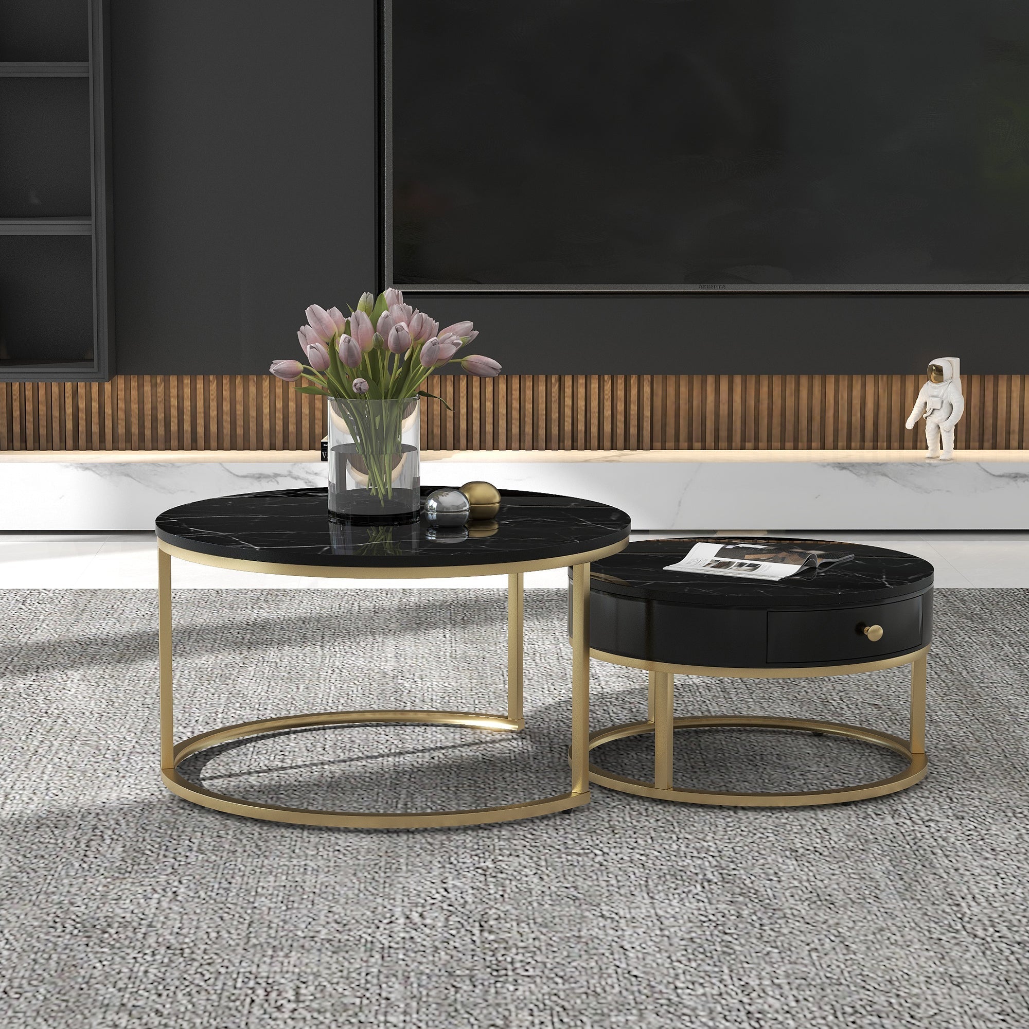 Round Coffee Tables with drawer, Removable Set of 2 End Table, Nesting Tables with Storage Gold Metal Frame Legs and Marble Pattern Top