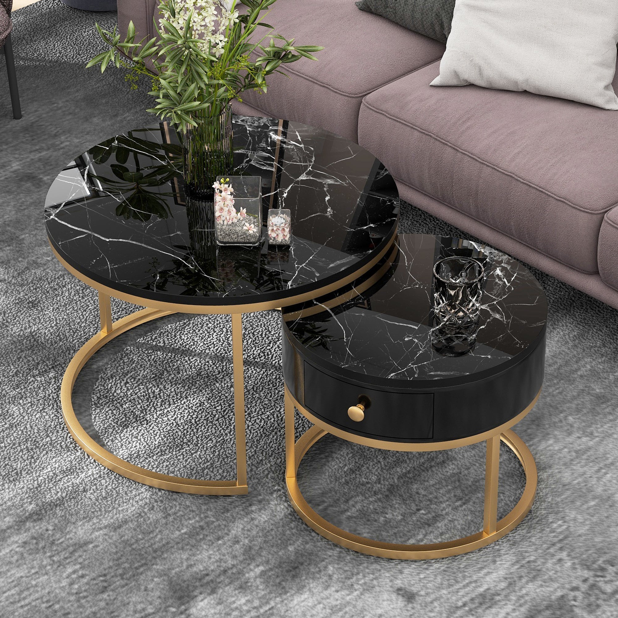 Round Coffee Tables with drawer, Removable Set of 2 End Table, Nesting Tables with Storage Gold Metal Frame Legs and Marble Pattern Top
