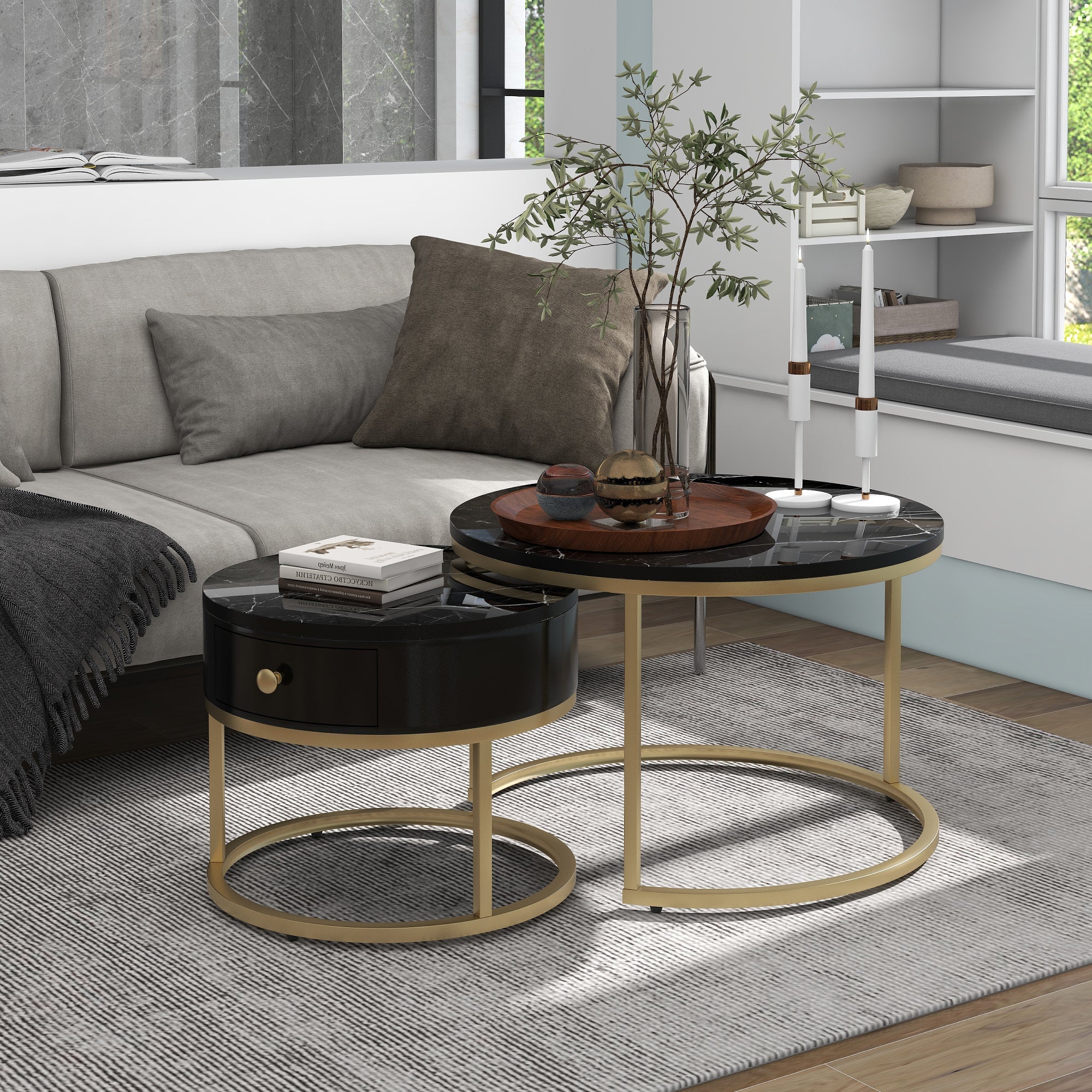 Round Coffee Tables with drawer, Removable Set of 2 End Table, Nesting Tables with Storage Gold Metal Frame Legs and Marble Pattern Top