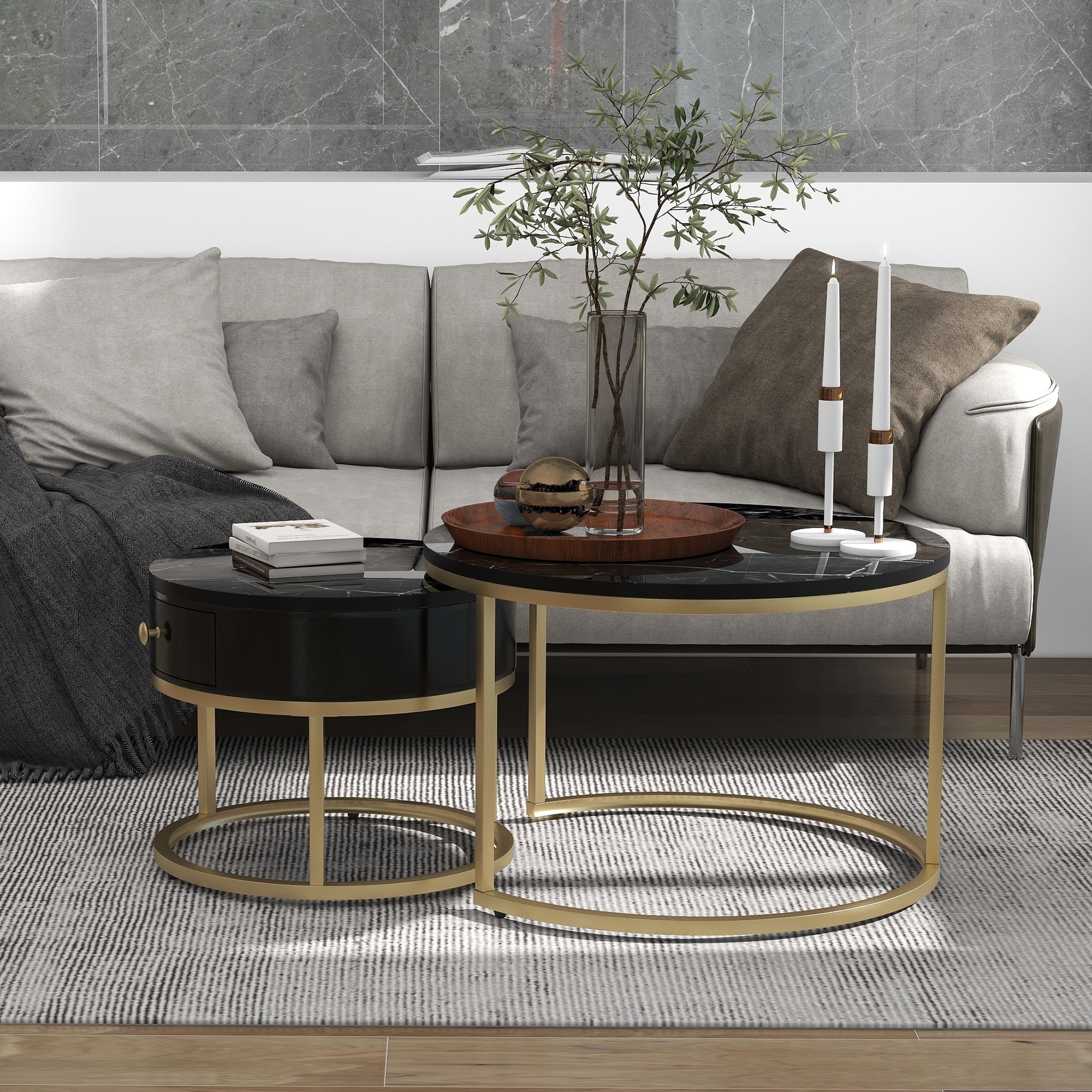 Round Coffee Tables with drawer, Removable Set of 2 End Table, Nesting Tables with Storage Gold Metal Frame Legs and Marble Pattern Top
