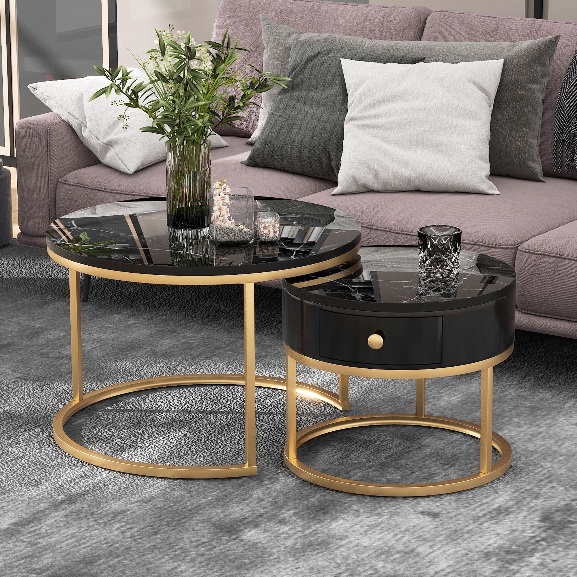 Round Coffee Tables with drawer, Removable Set of 2 End Table, Nesting Tables with Storage Gold Metal Frame Legs and Marble Pattern Top
