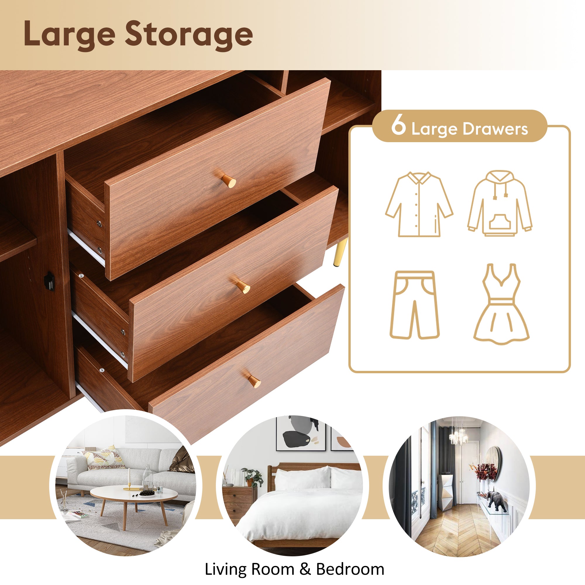 Rattan Sideboard Cabinet for Living Room, Chest of Drawers with 2 Doors and 3 Drawers, Adjustable Shelf, Walnut