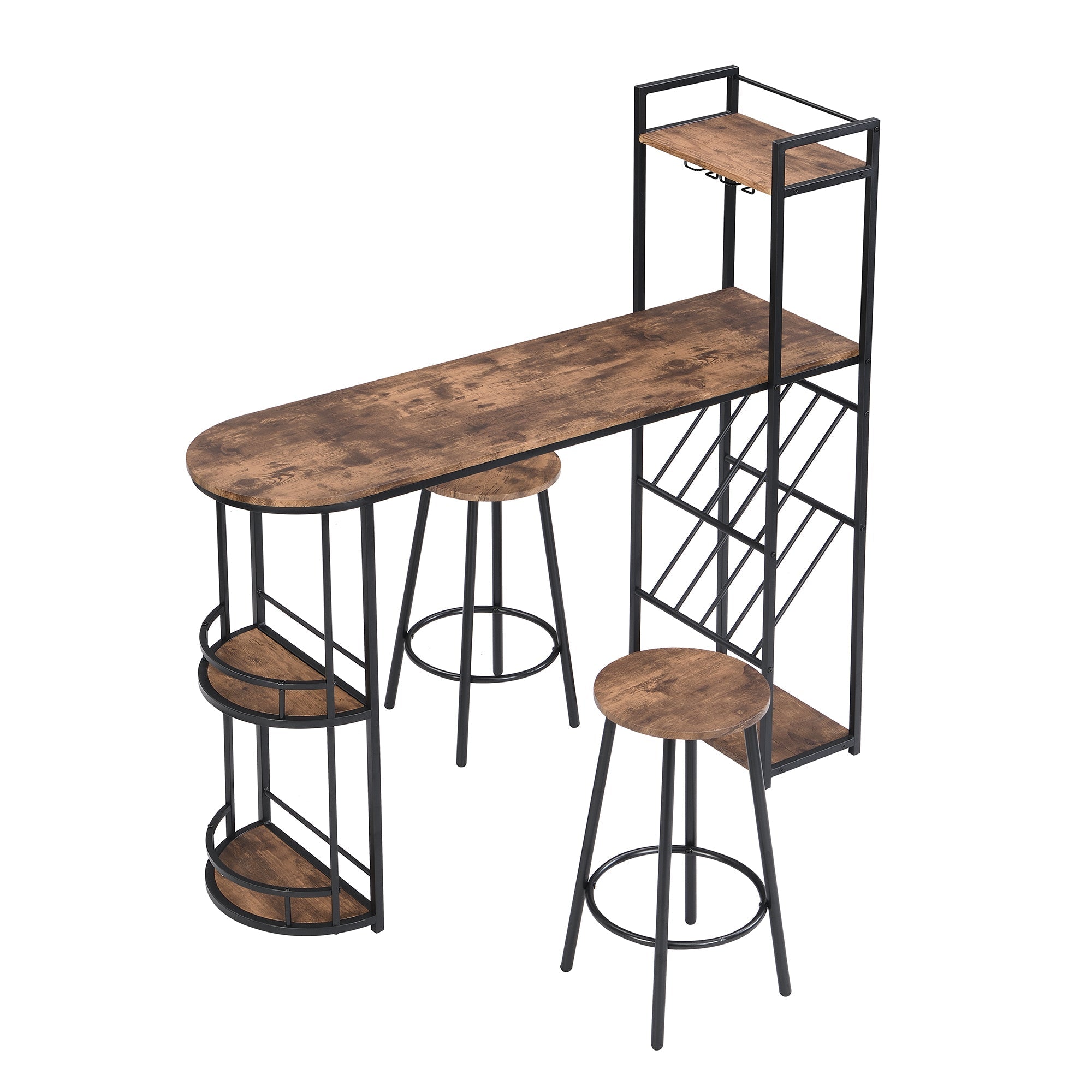 Industrial Bar Table Set: 2 Chairs, Counter Height, Wine Rack, Side Storage (Rustic Brown)