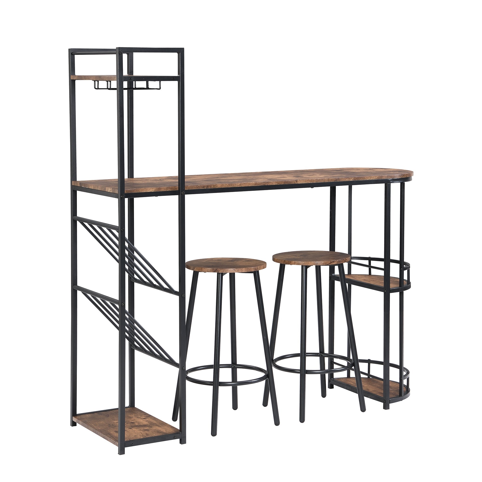 Industrial Bar Table Set: 2 Chairs, Counter Height, Wine Rack, Side Storage (Rustic Brown)