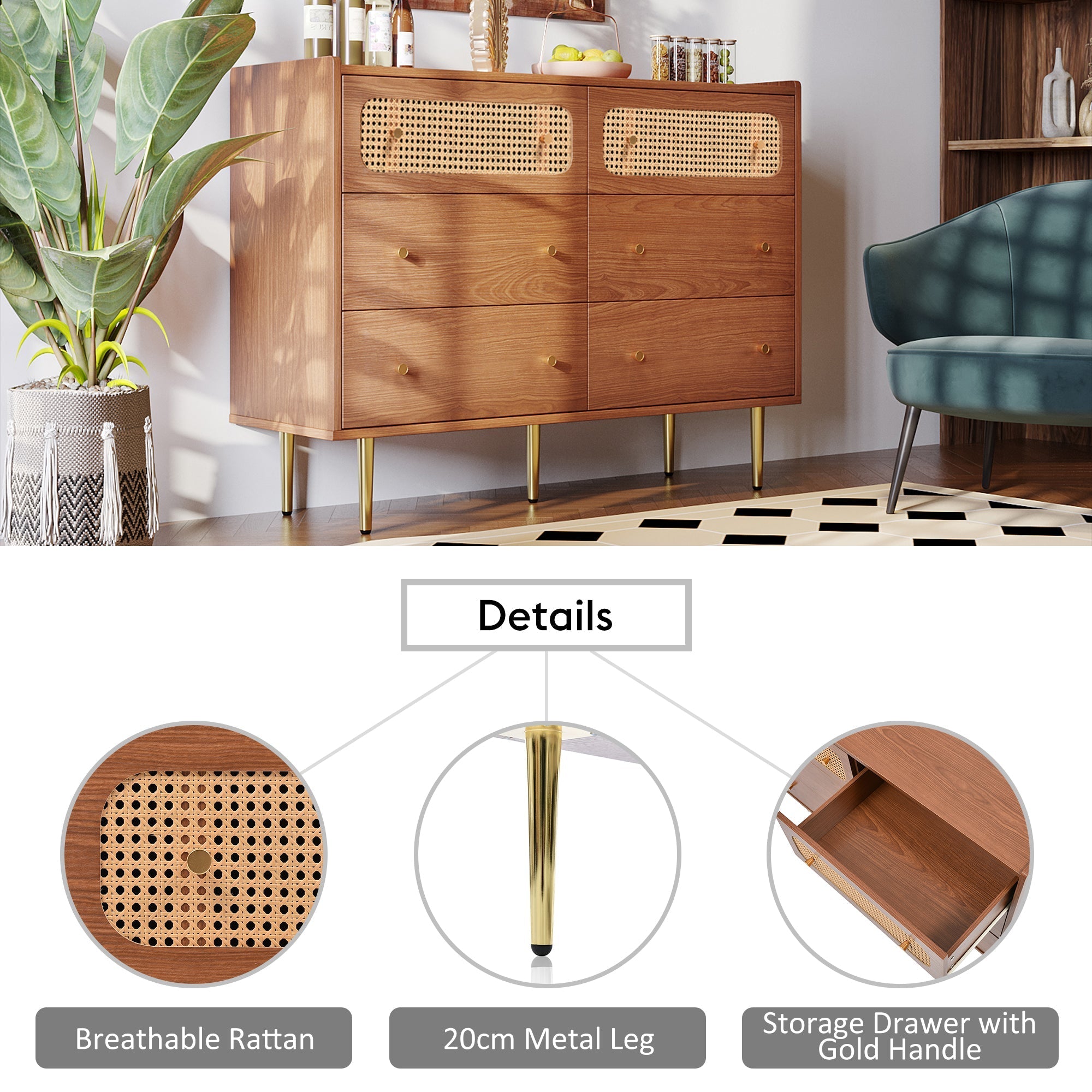 Rattan Sideboard Cabinet with 6 Drawers for Living Room, Walnut