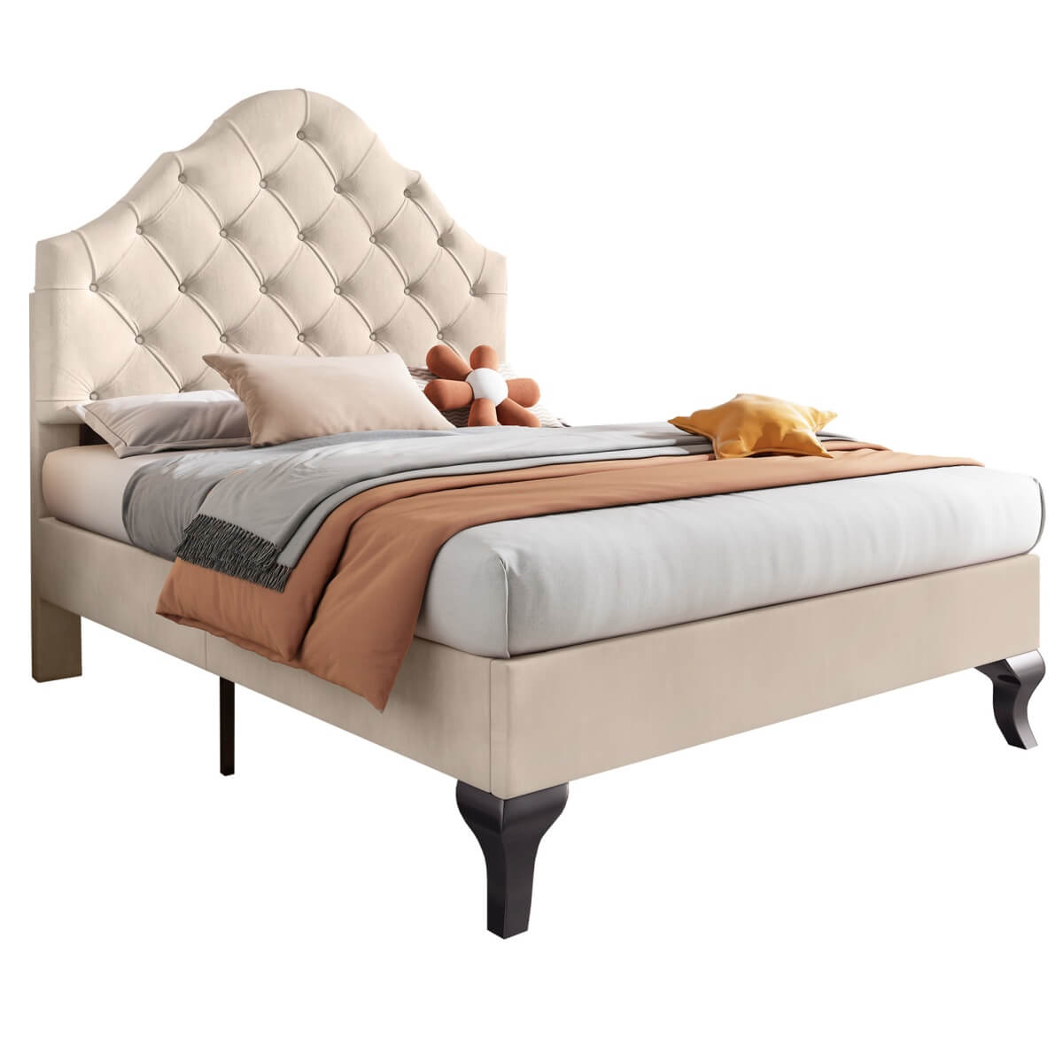 3ft Upholstered Single Bed - Velvet Bed Frame with Adjustable Headboard, Beige