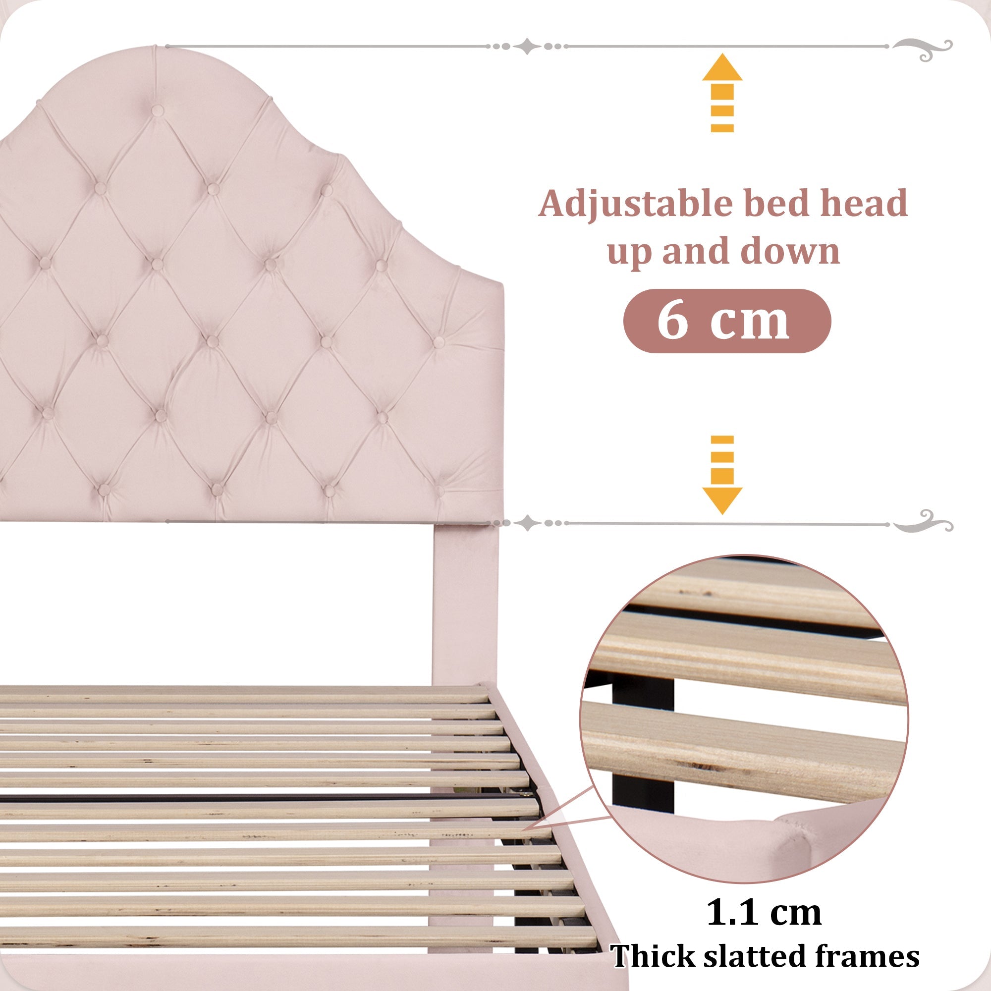 Upholstered bed 90*190 with slatted frame and headboard, Upholstered bed with height-adjustable headboard, Youth bed, Single bed, Wooden slat support, Easy assembly, Velvet, Pink