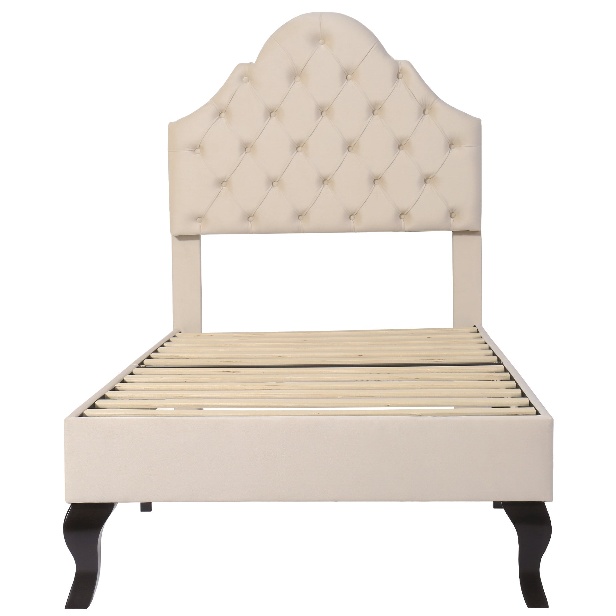 Upholstered Bed 90*190 with Slatted Frame and Height-Adjustable Headboard, Velvet, Beige