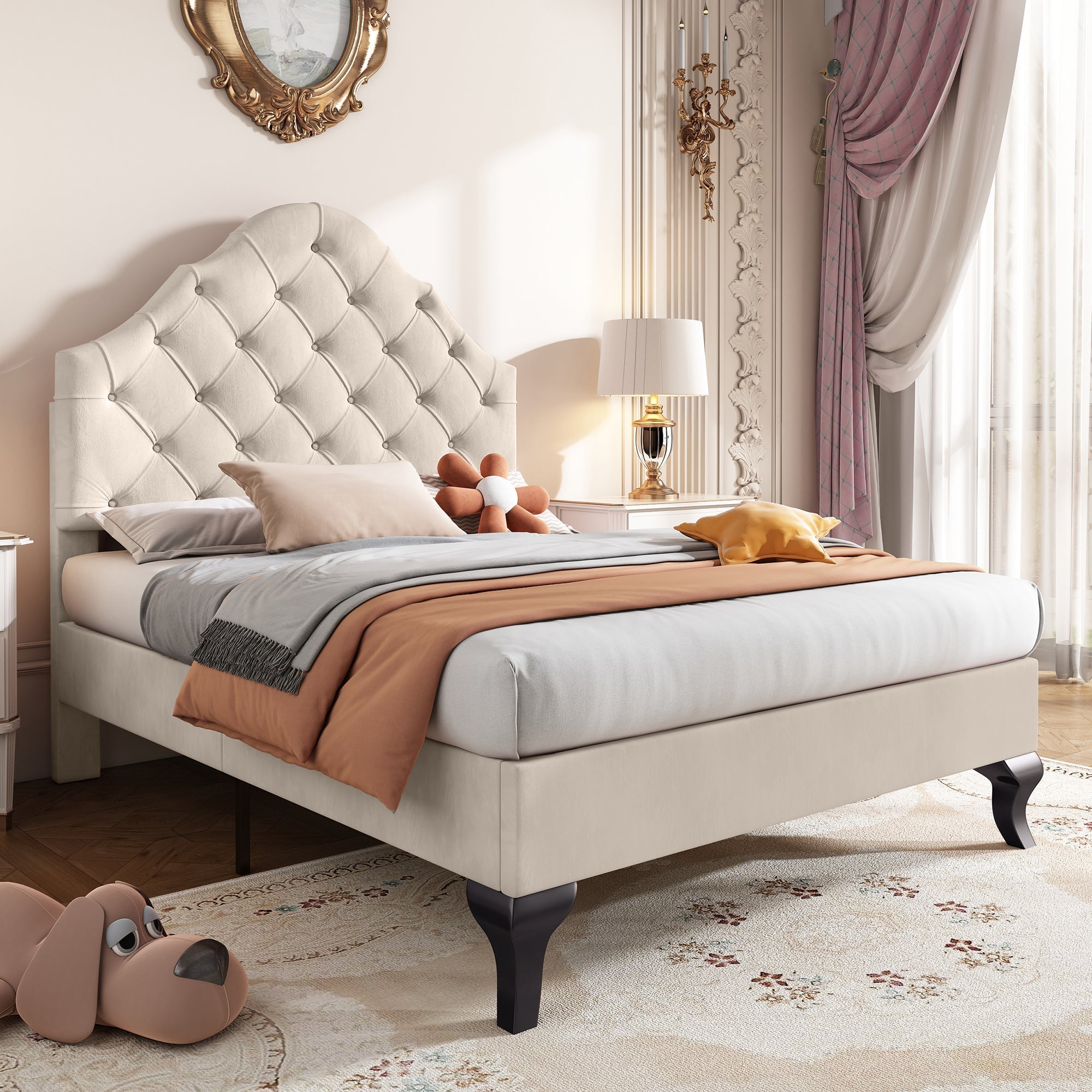Upholstered Bed 90*190 with Slatted Frame and Height-Adjustable Headboard, Velvet, Beige