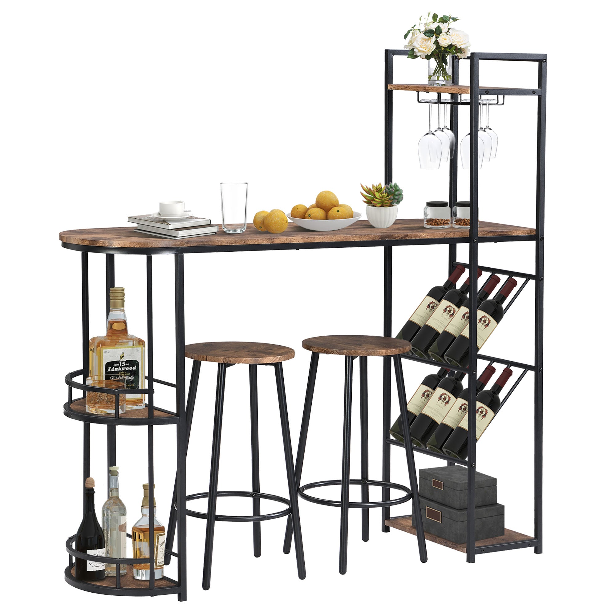 Industrial Bar Table Set: 2 Chairs, Counter Height, Wine Rack, Side Storage (Rustic Brown)