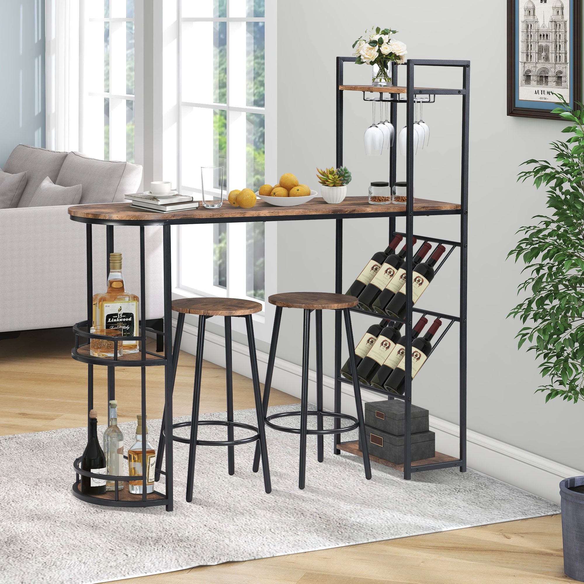 Industrial Bar Table Set: 2 Chairs, Counter Height, Wine Rack, Side Storage (Rustic Brown)