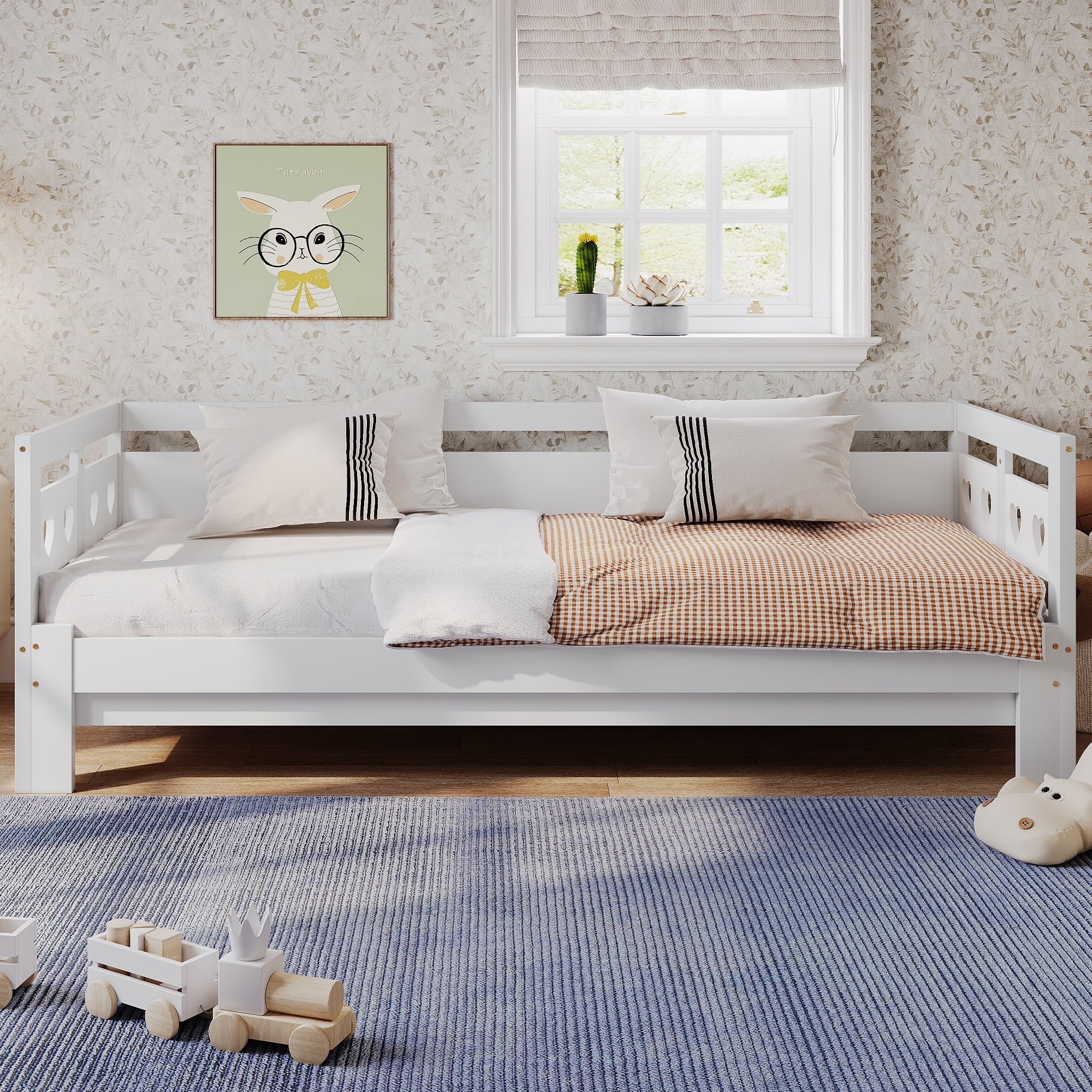 Daybed Cabin Bed Wooden 3FT Single Sofa Guest Bed with Pull-out Trundle, Heart-Shaped, White Wood