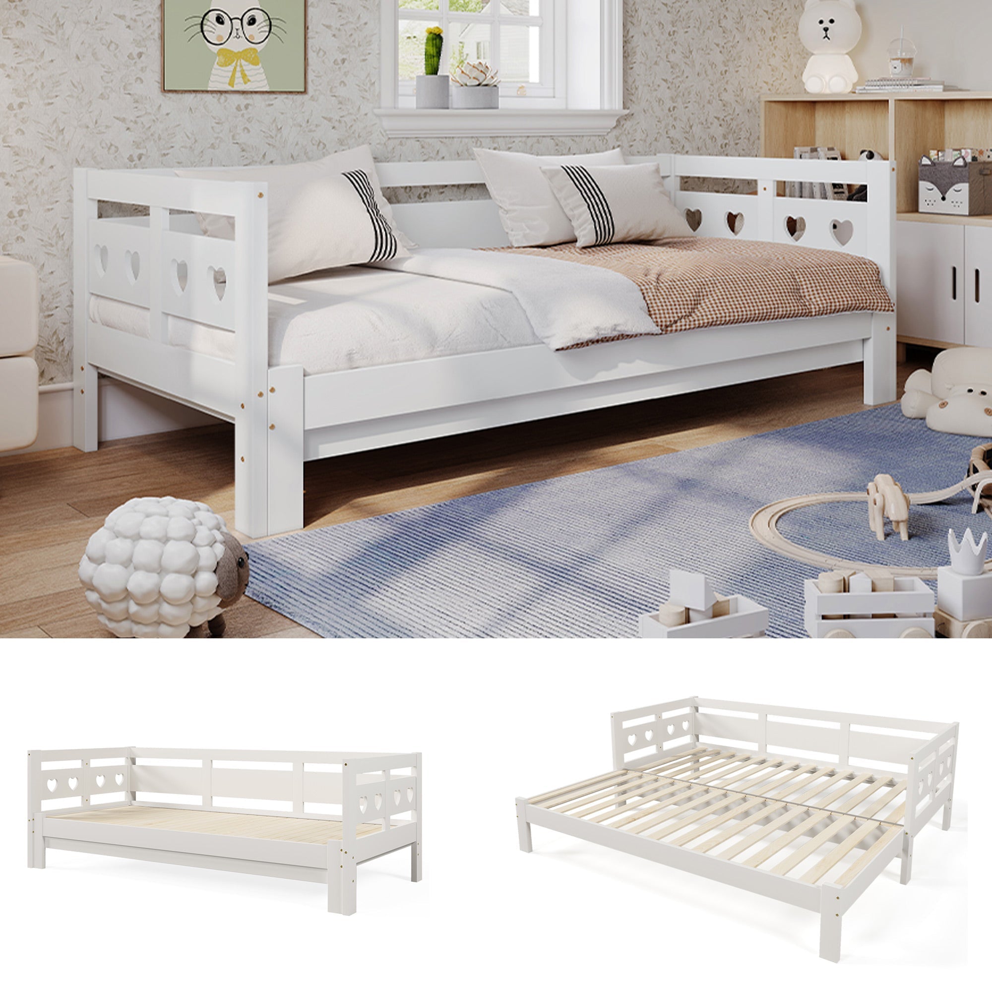 Daybed Cabin Bed Wooden 3FT Single Sofa Guest Bed with Pull-out Trundle, Heart-Shaped, White Wood