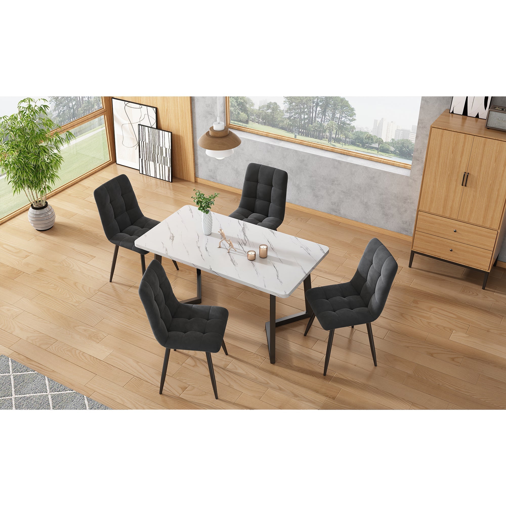 Dining Chair (4 pcs), Dark Grey, 4-Set Upholstered Chair Design Chair with Backrest, Seat in Velvet, Metal Frame