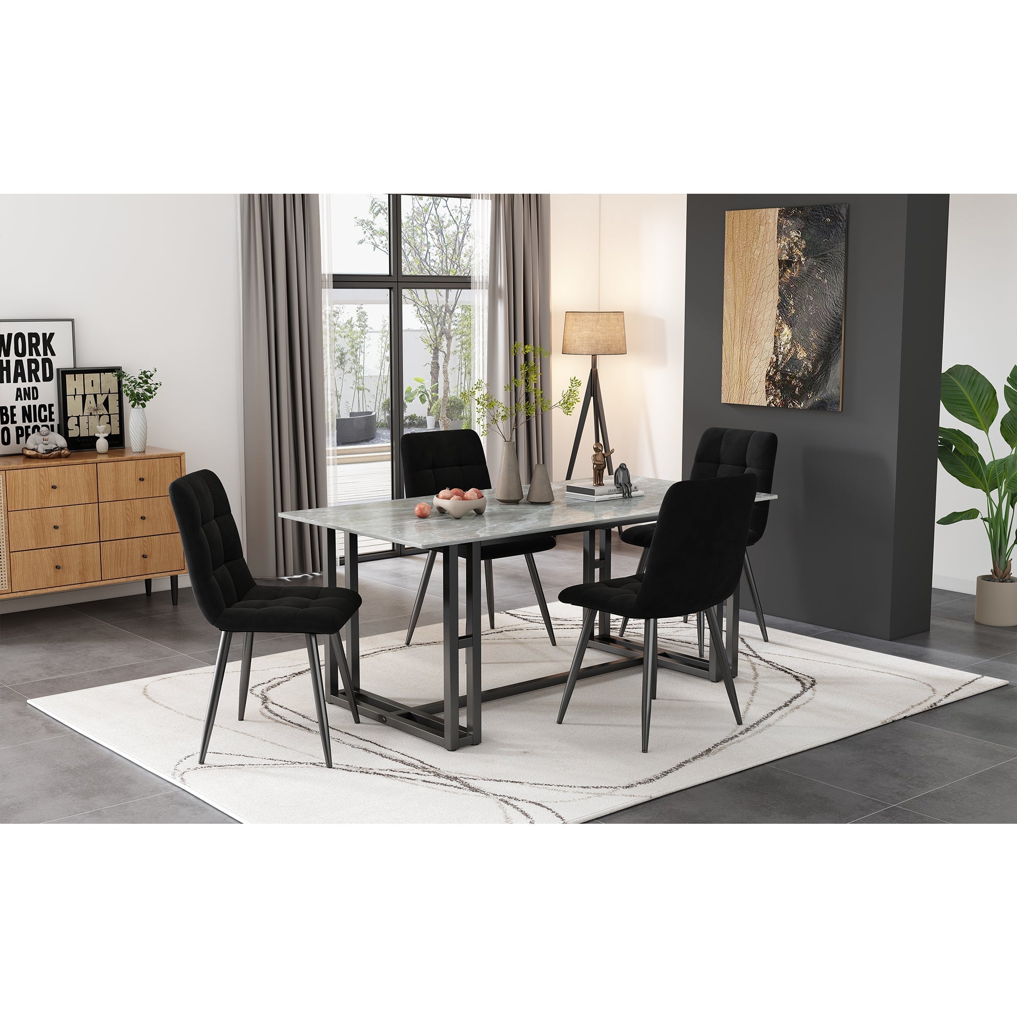 Dining Chair (4 pcs), Upholstered Chair with Backrest, Black Velvet Seat and Metal Frame