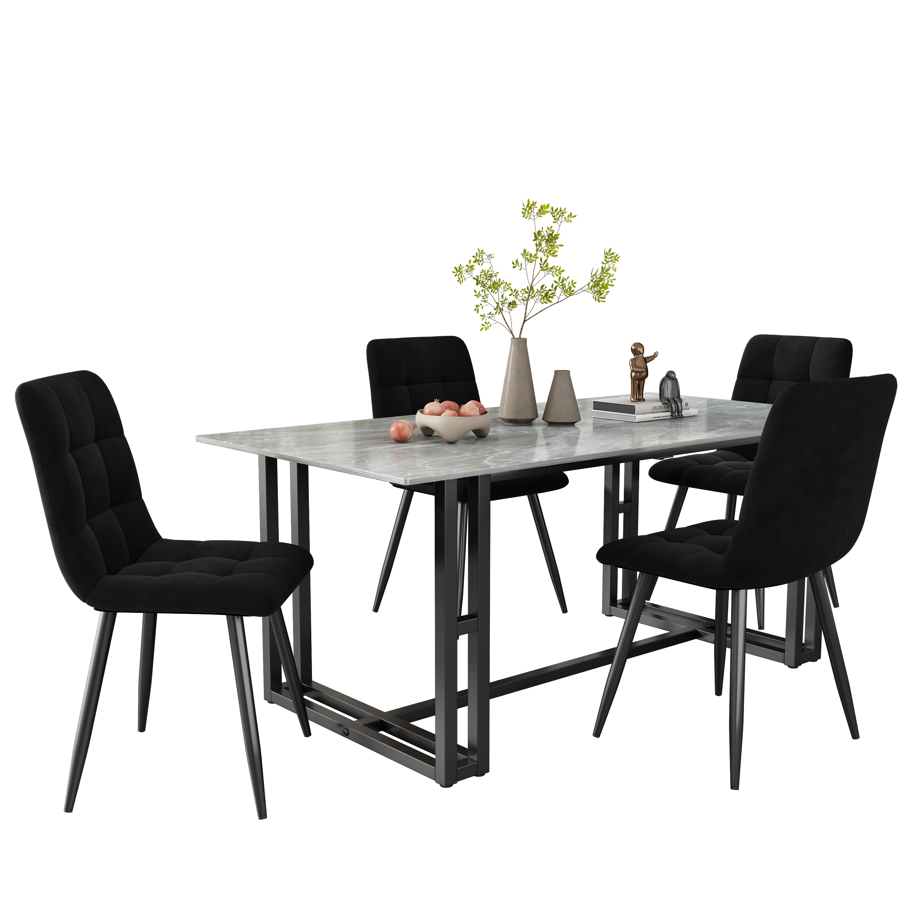 Dining Chair (4 pcs), Upholstered Chair with Backrest, Black Velvet Seat and Metal Frame