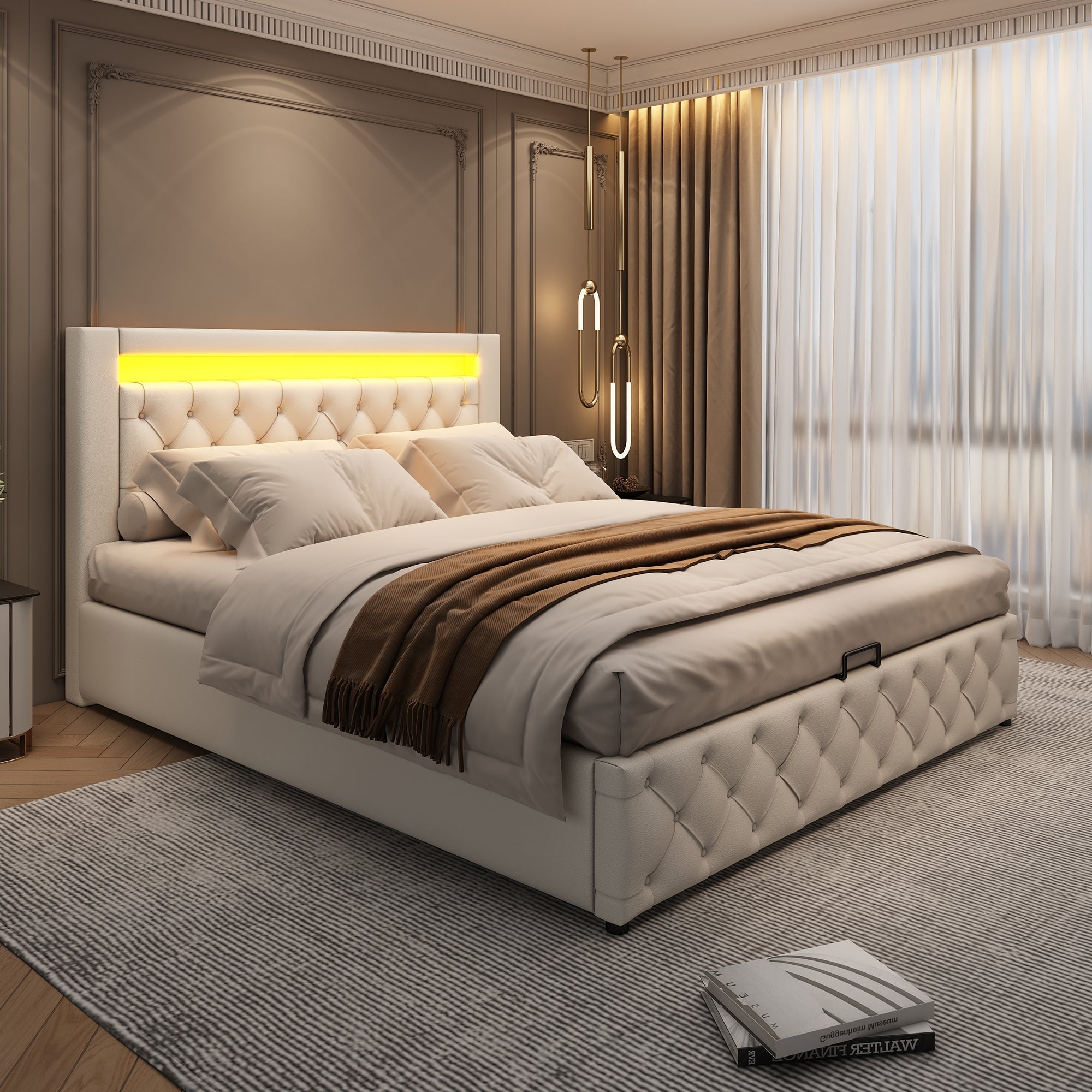 Upholstered Bed 150x200cm, Functional with Slatted Frame & Storage, LED Lighting, White PU