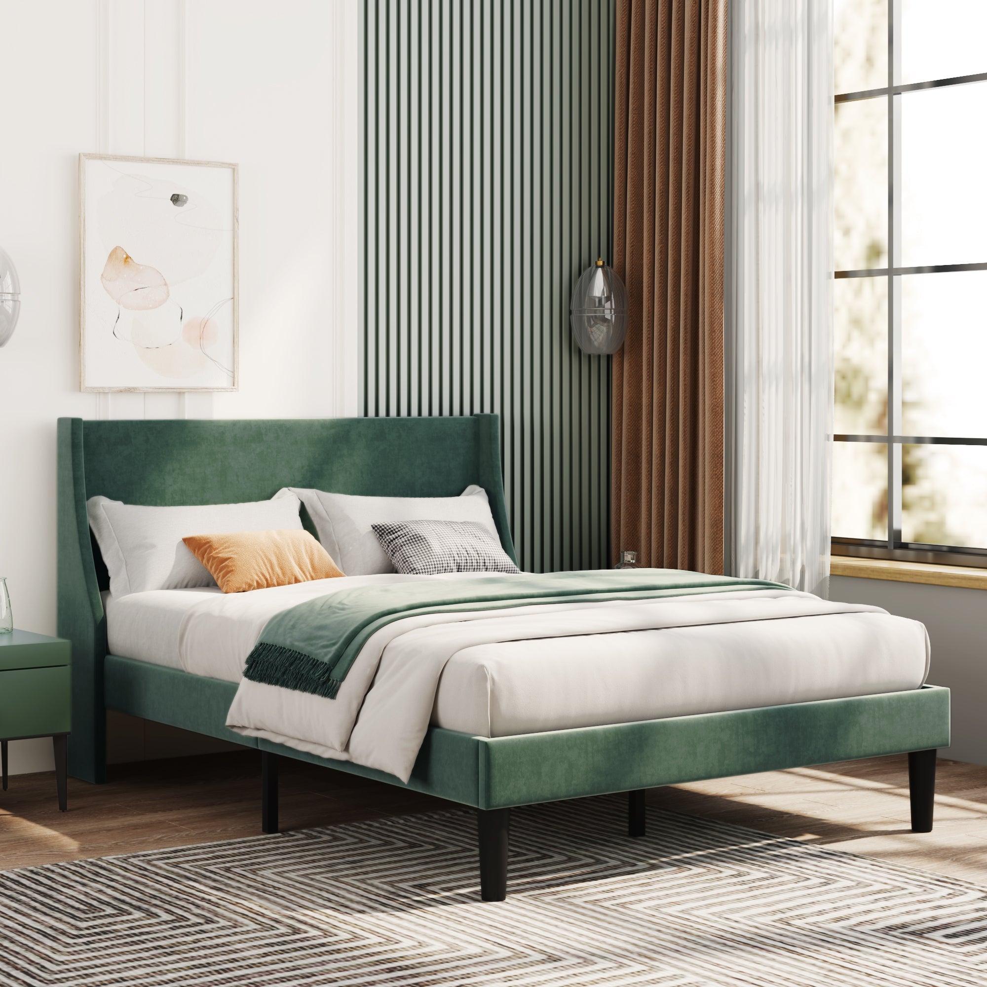 Double Bed with Winged Headboard, Dark Green Velvet, Wood Slat Support