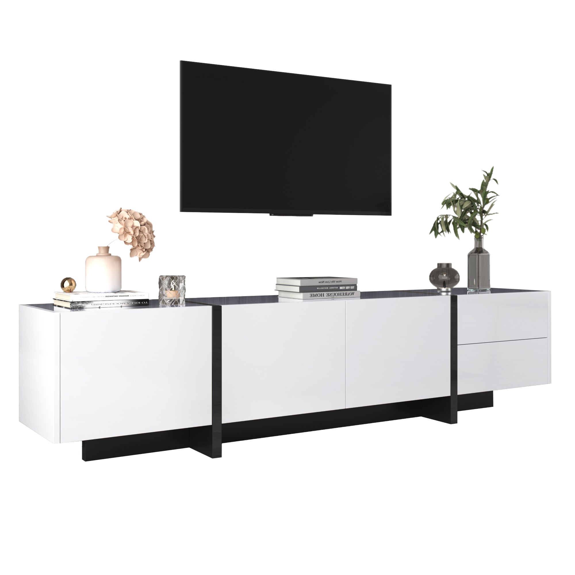 TV Cabinet, Low Panel with Colorblocked Legs, Doors & Drawers, High-Gloss White and Black