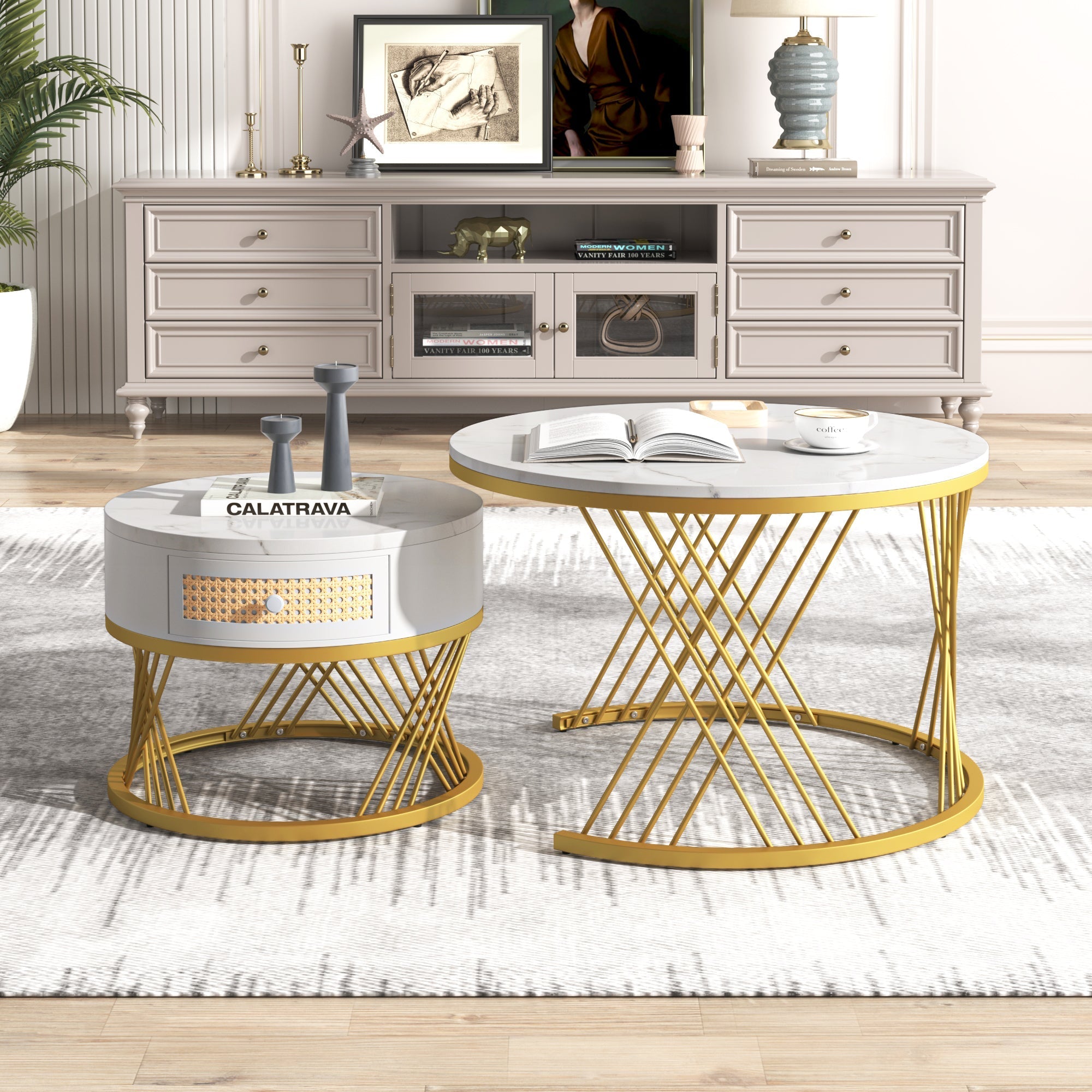 2-in-1 Round Coffee Table with Marble Grain Veneer Top, Rattan Drawers, Solid Wood Handles, and Gold Iron Legs