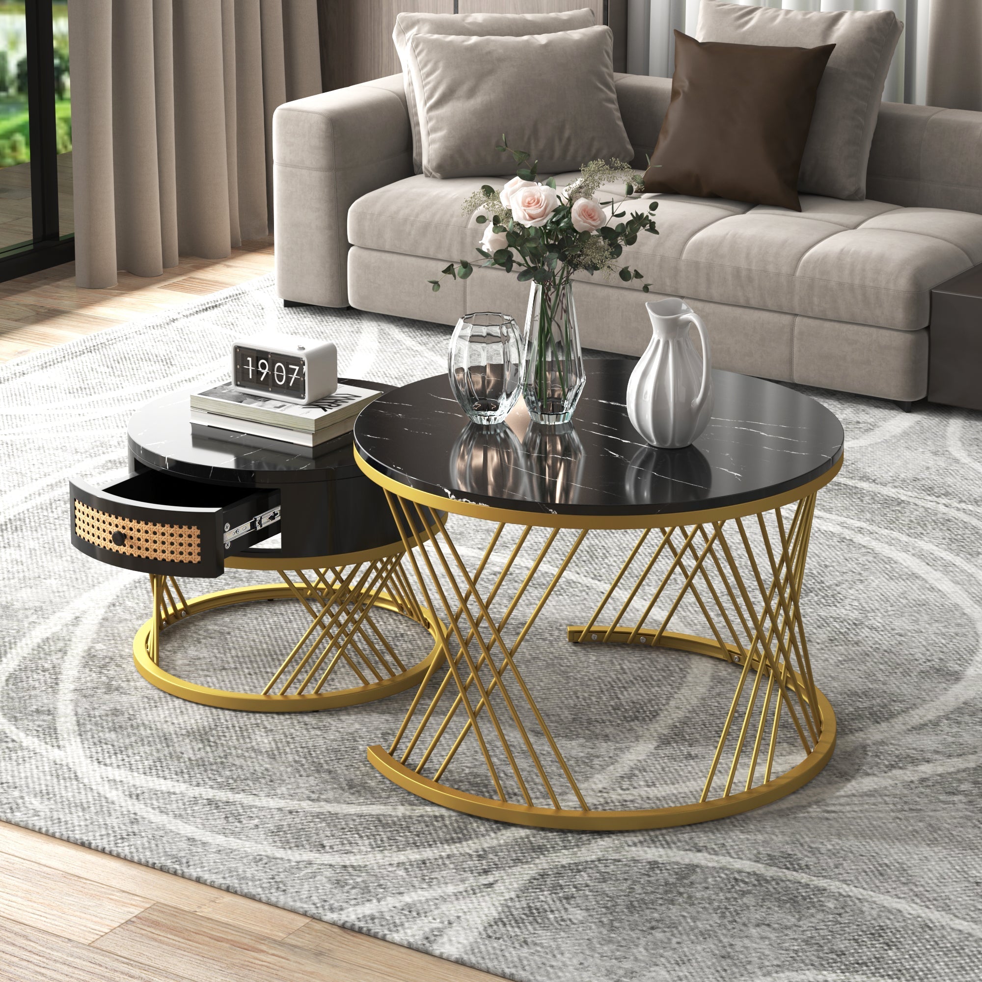 2-in-1 Round Coffee Table with Rattan Drawers and Gold Iron Legs, Marble Grain Veneer Top