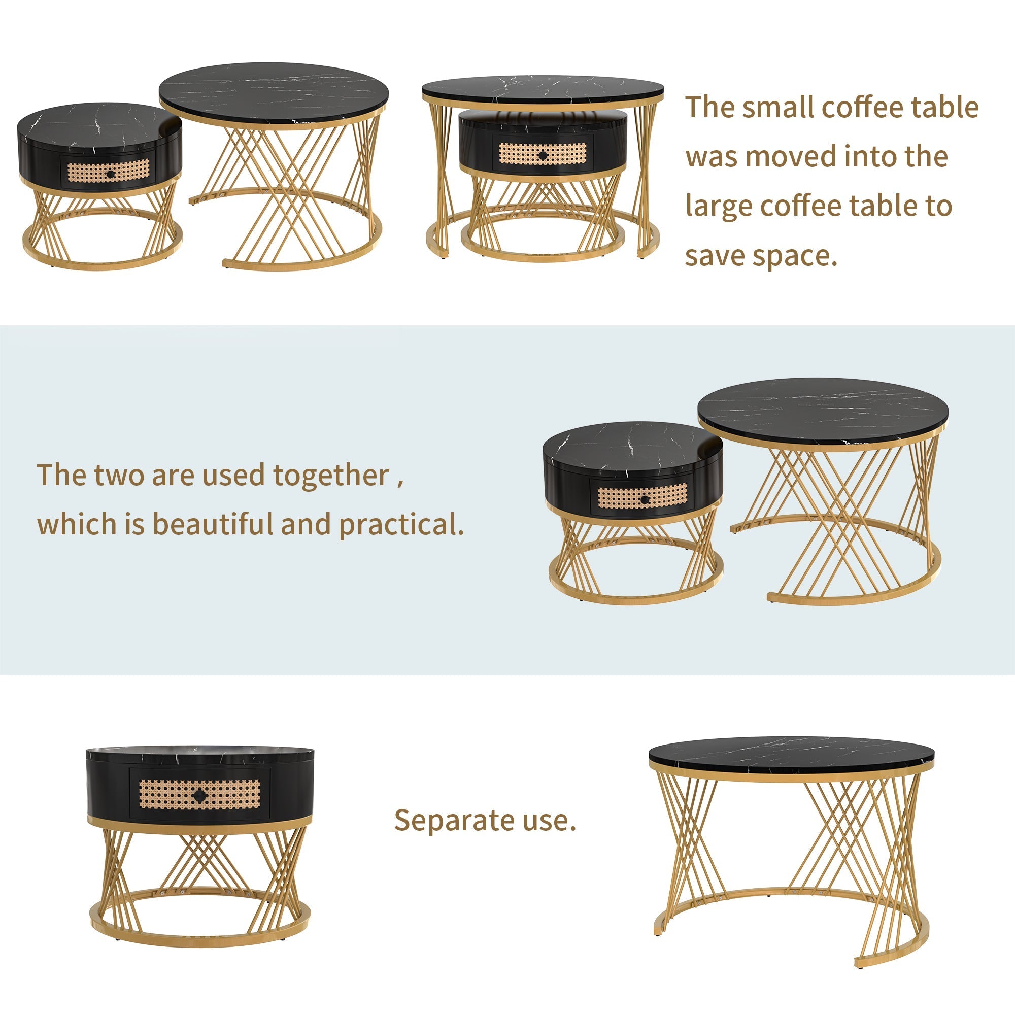 2-in-1 Round Coffee Table with Rattan Drawers and Gold Iron Legs, Marble Grain Veneer Top